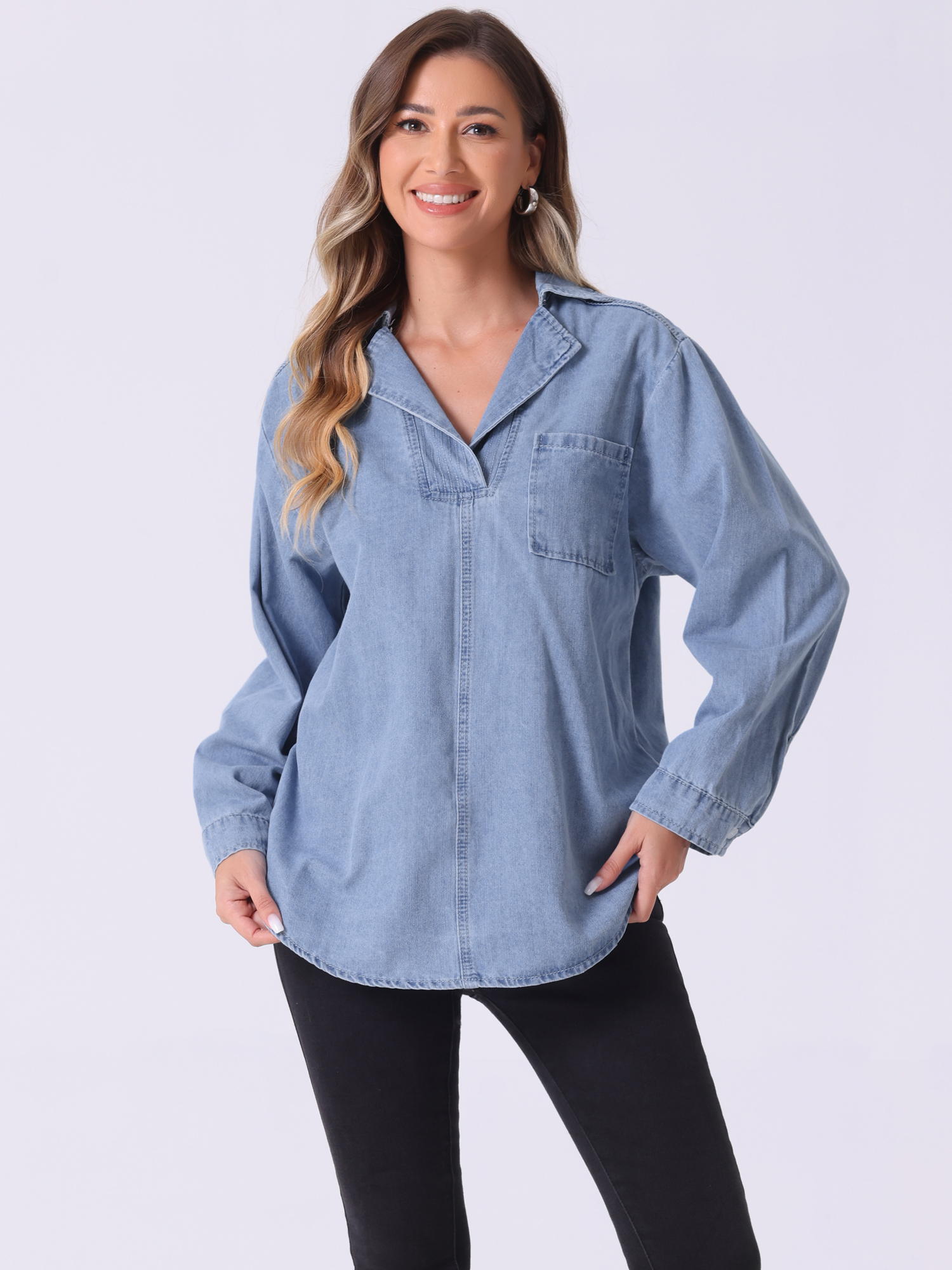 Denim Pullover Collared Long Sleeve Casual Jean Blouses Light Blue/L