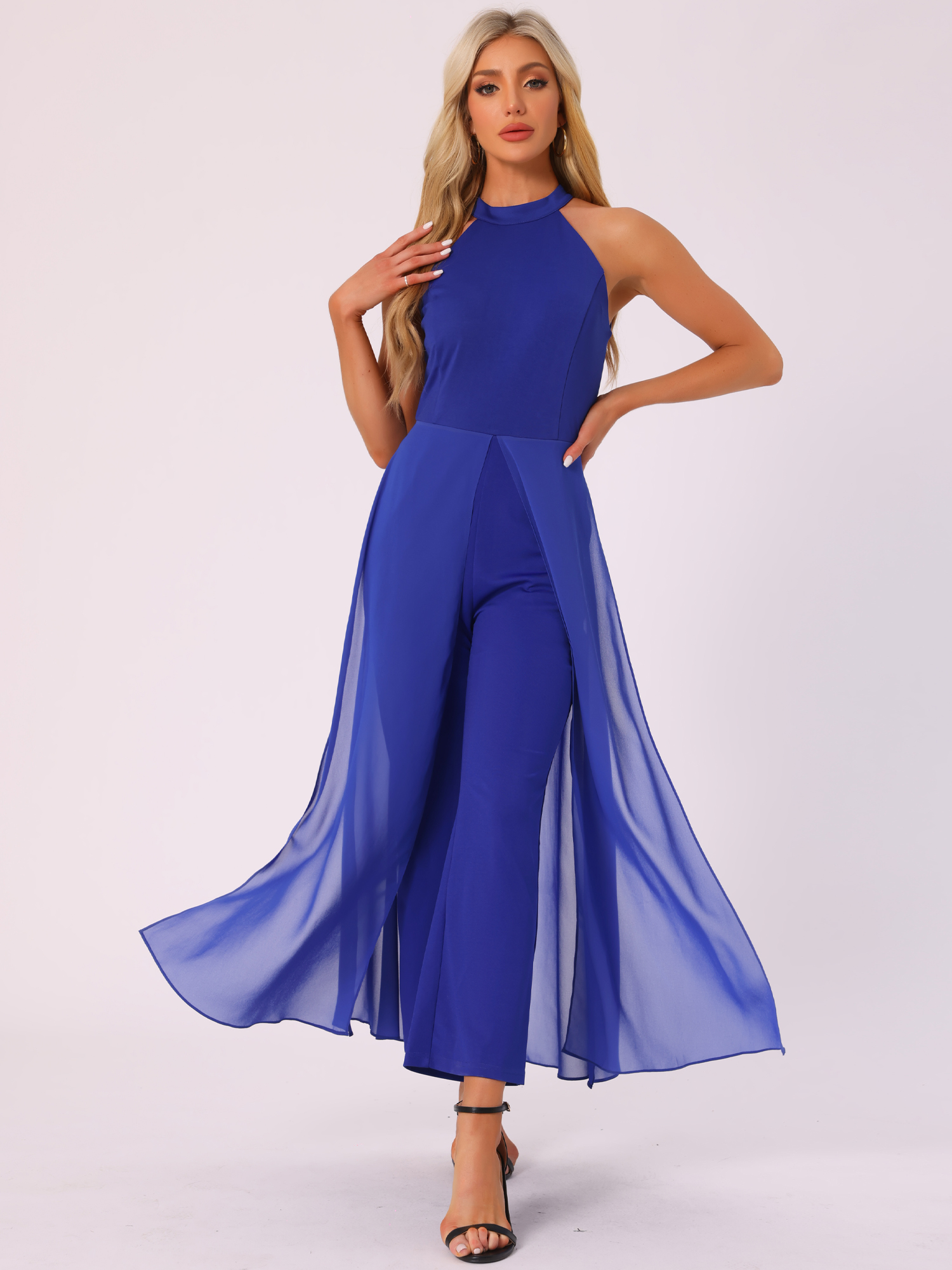 Sleeveless Halter Neck Belted Elegant Wedding Cocktail Dressy Jumpsuits Royal Blue/M