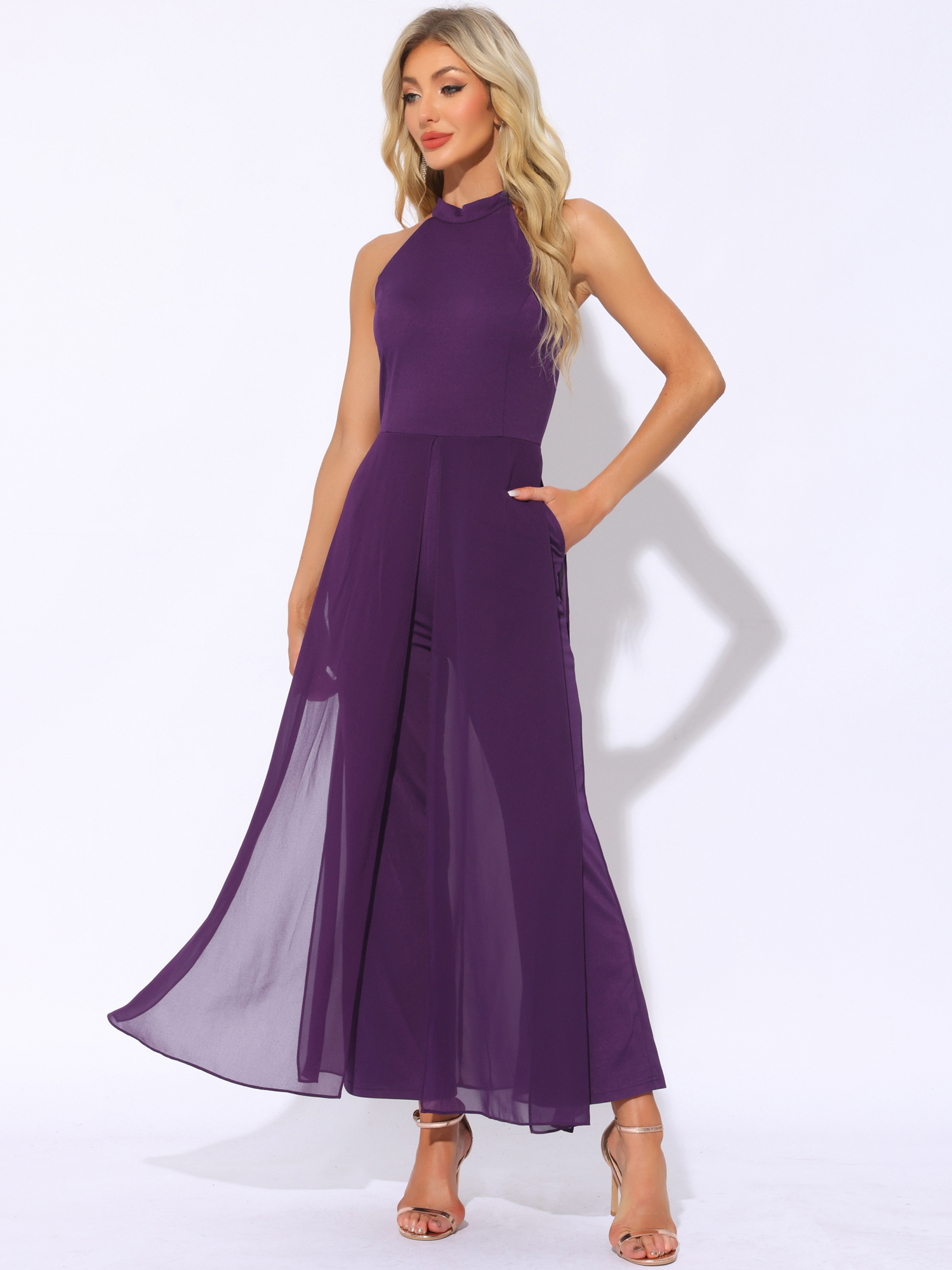 Sleeveless Halter Neck Belted Elegant Wedding Cocktail Dressy Jumpsuits Dark Purple/S
