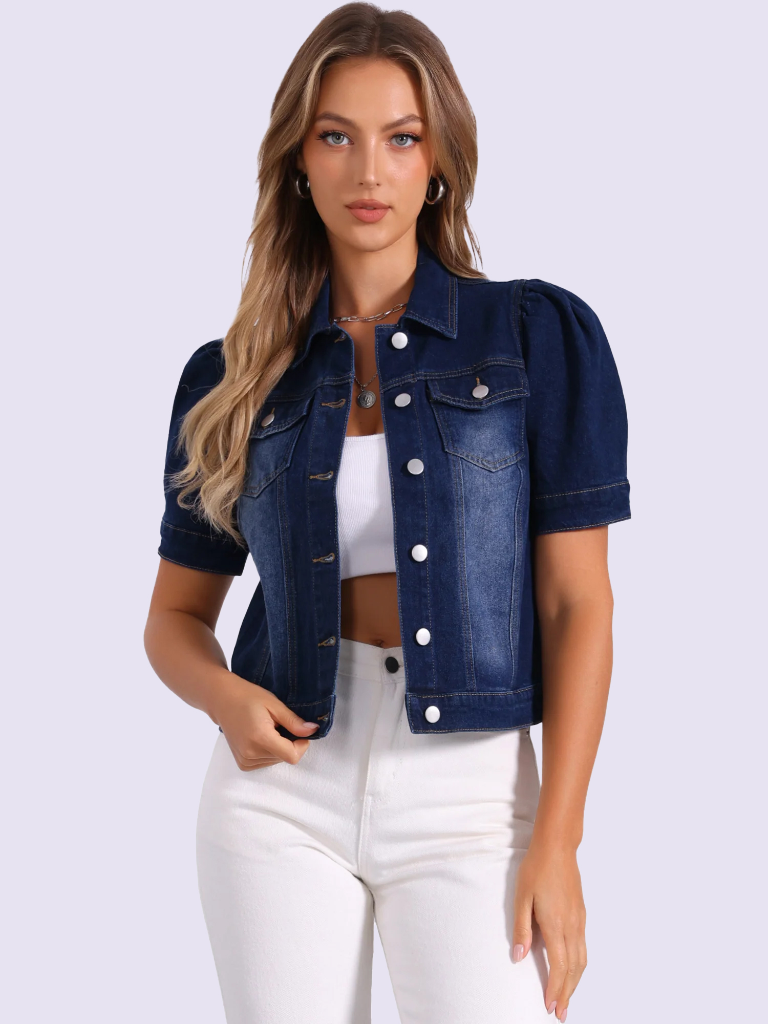 Casual Short Puff Sleeves Button-Down Jean Denim Jacket Black Blue/L