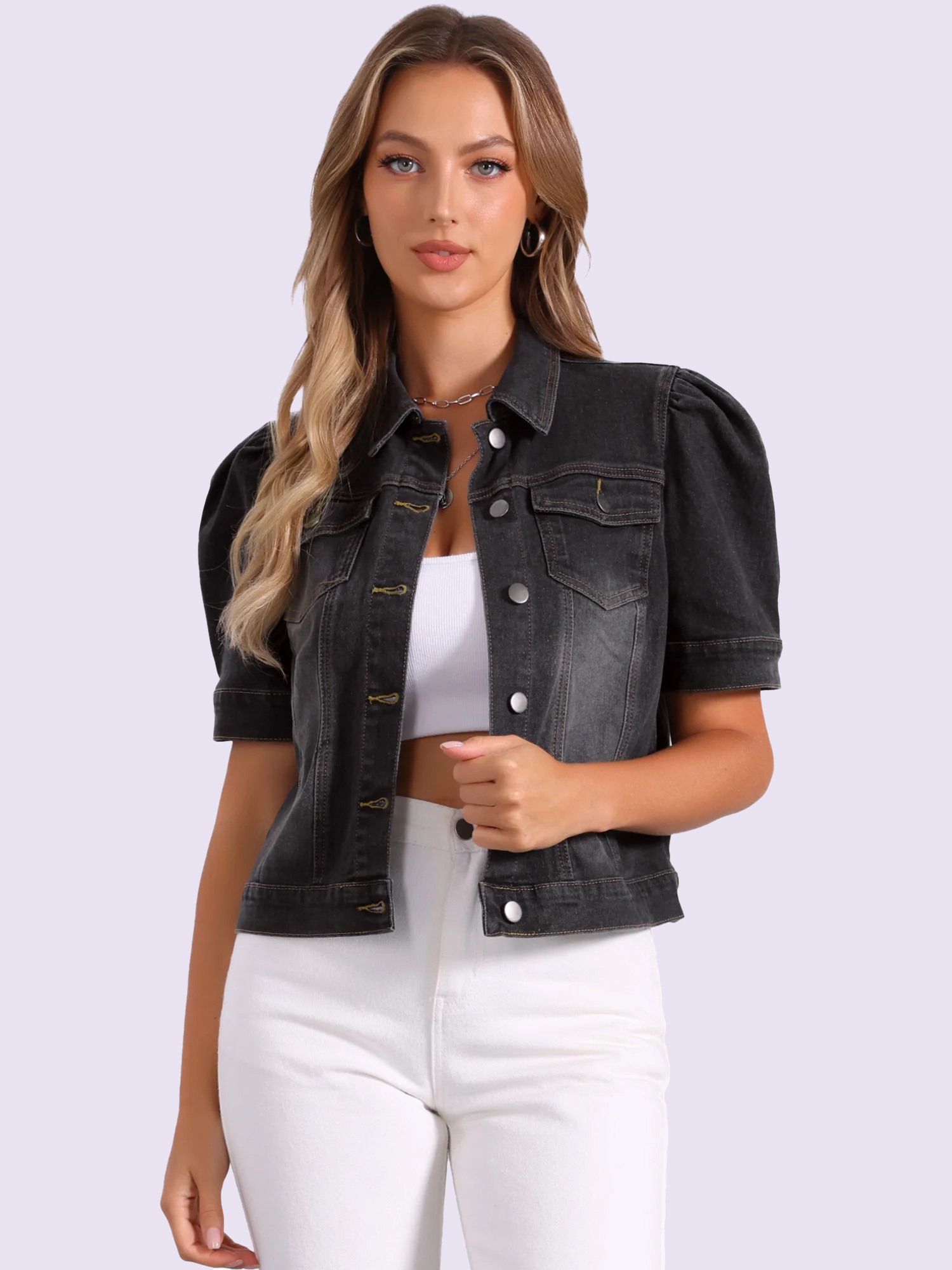 Casual Short Puff Sleeves Button-Down Jean Denim Jacket Black/M