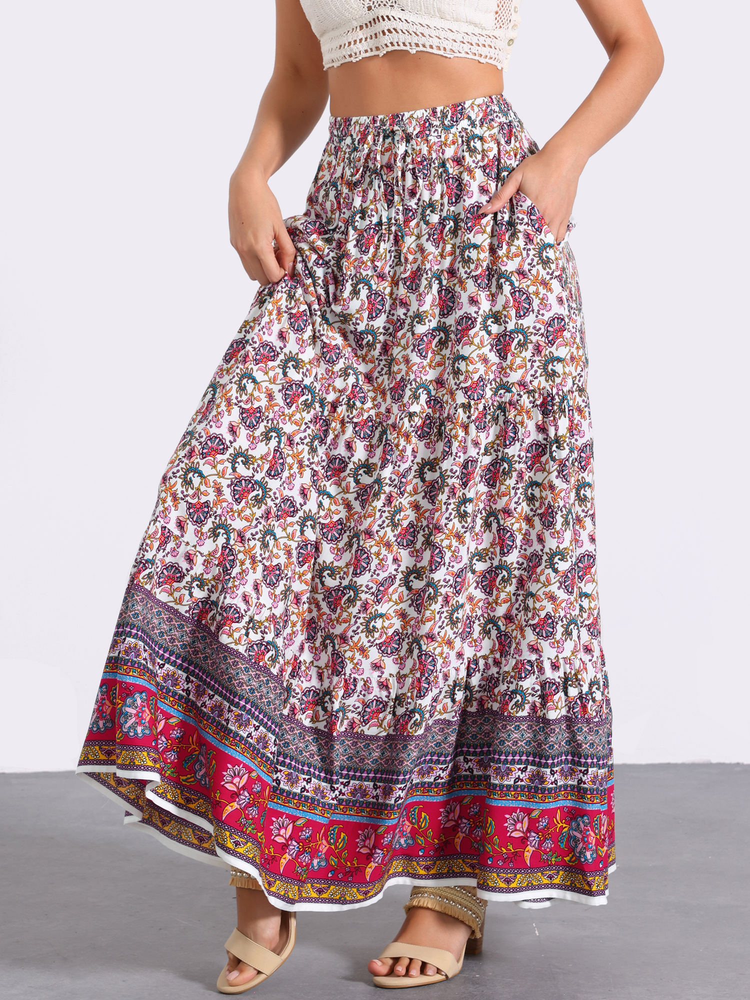 Boho Casual Bohemian Floral Printed Elastic Waist Maxi Skirt White Purple/L