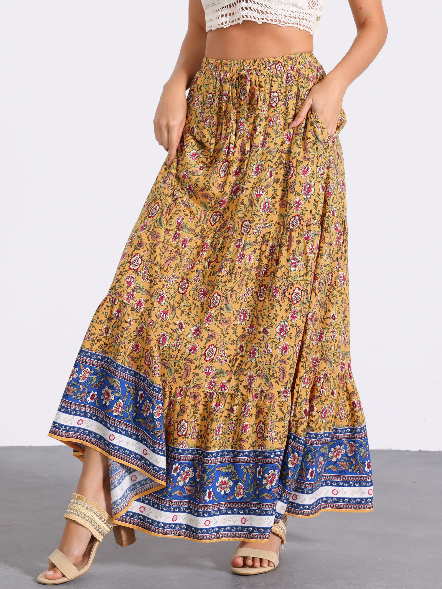 Boho Casual Bohemian Floral Printed Elastic Waist Maxi Skirt Yellow/M