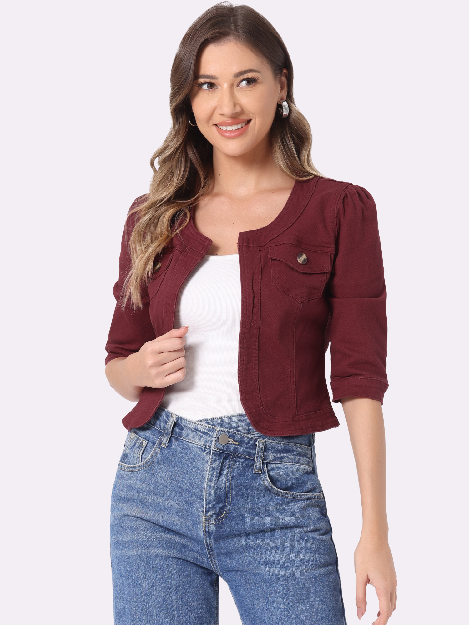 Denim Collarless Pockets 3/4 Sleeve Feminine Style Jacket Purple Red/XS
