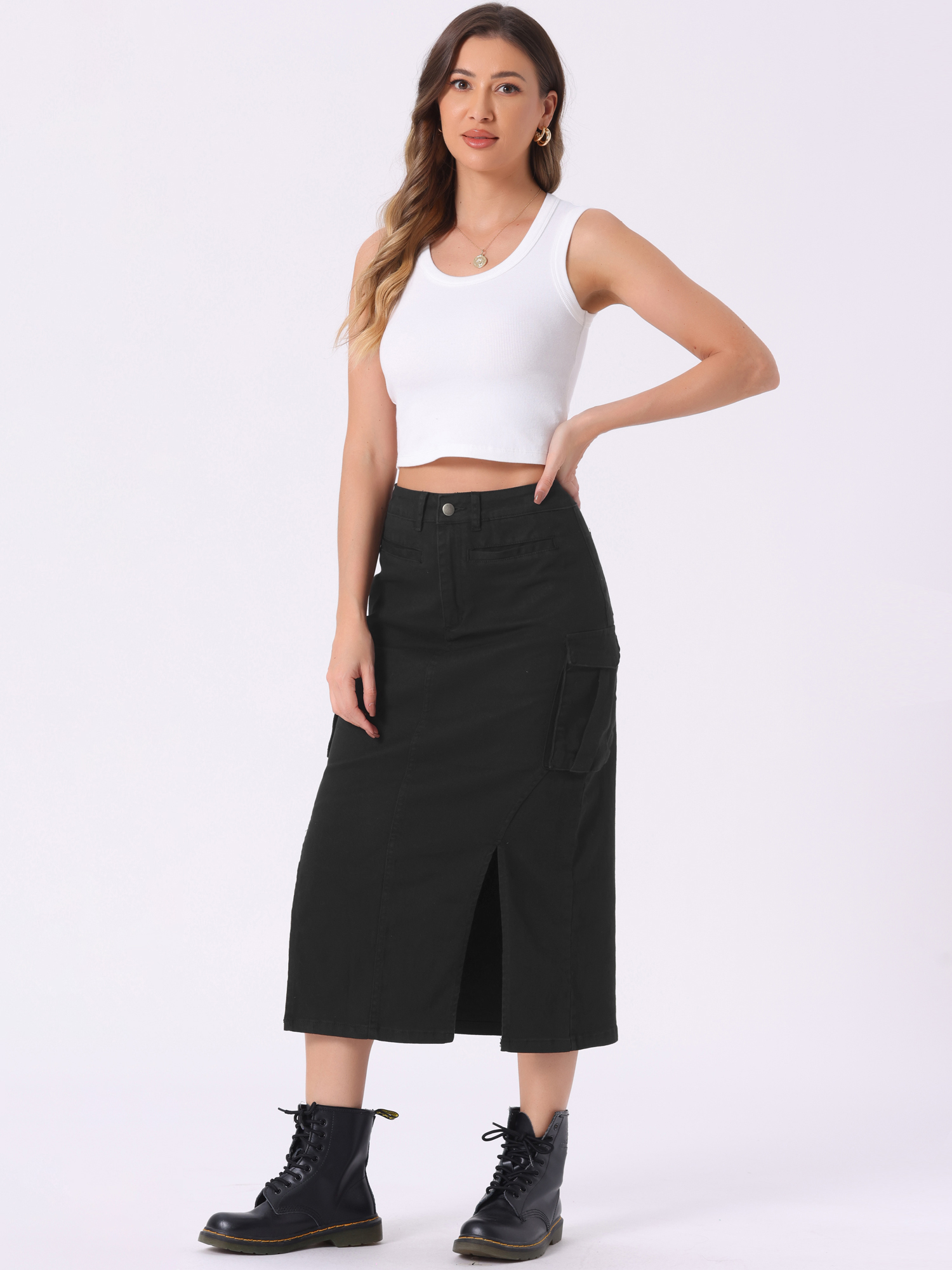 Denim Cargo Y2K Split Hem Midi Pocketed Jean Skirt Black/XL