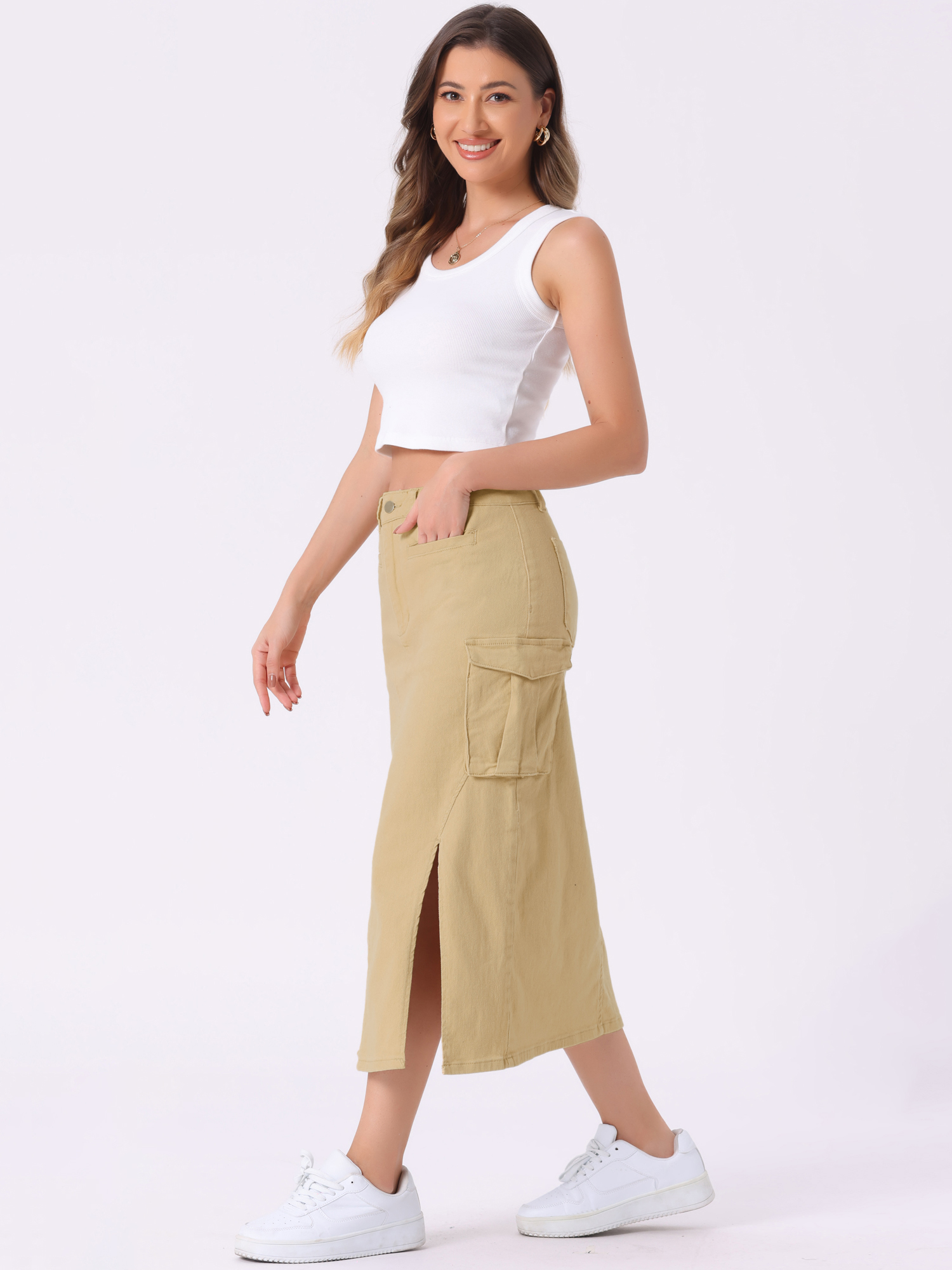 Denim Cargo Y2K Split Hem Midi Pocketed Jean Skirt Khaki/L