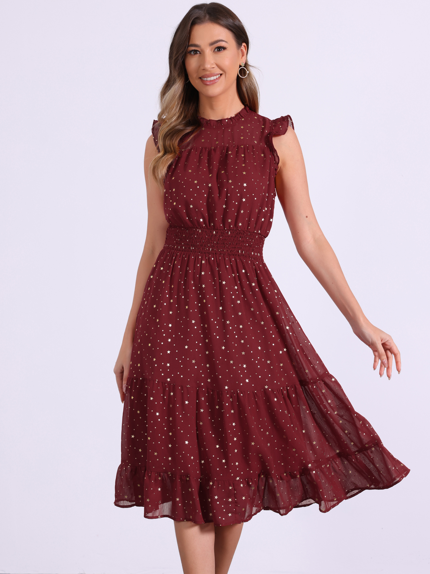 Chiffon Sleeveless Smocked Waist Gilding Metallic Stars Party Dress Dark Red/M