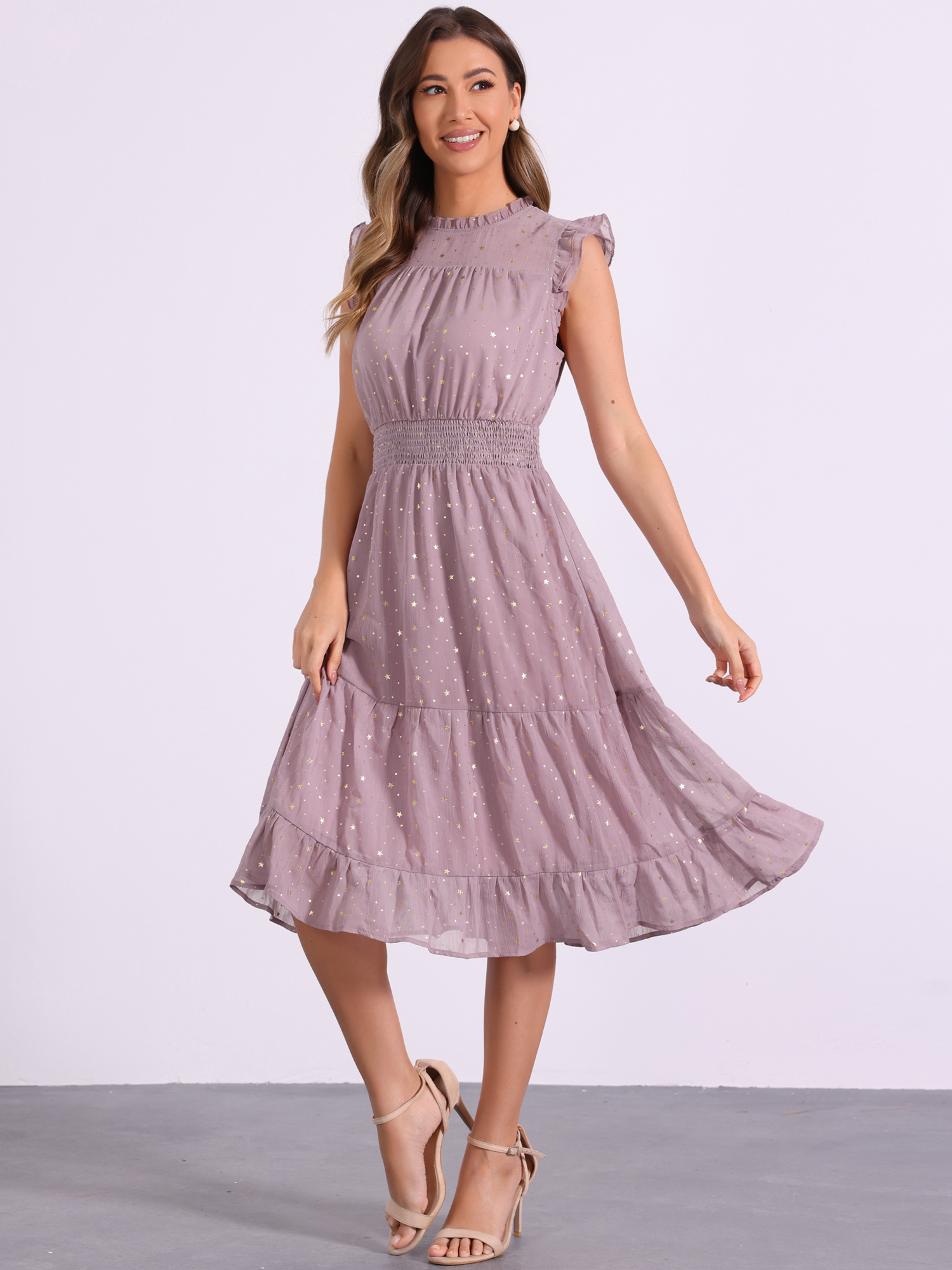 Chiffon Sleeveless Smocked Waist Gilding Metallic Stars Party Dress Grey Pink/XS