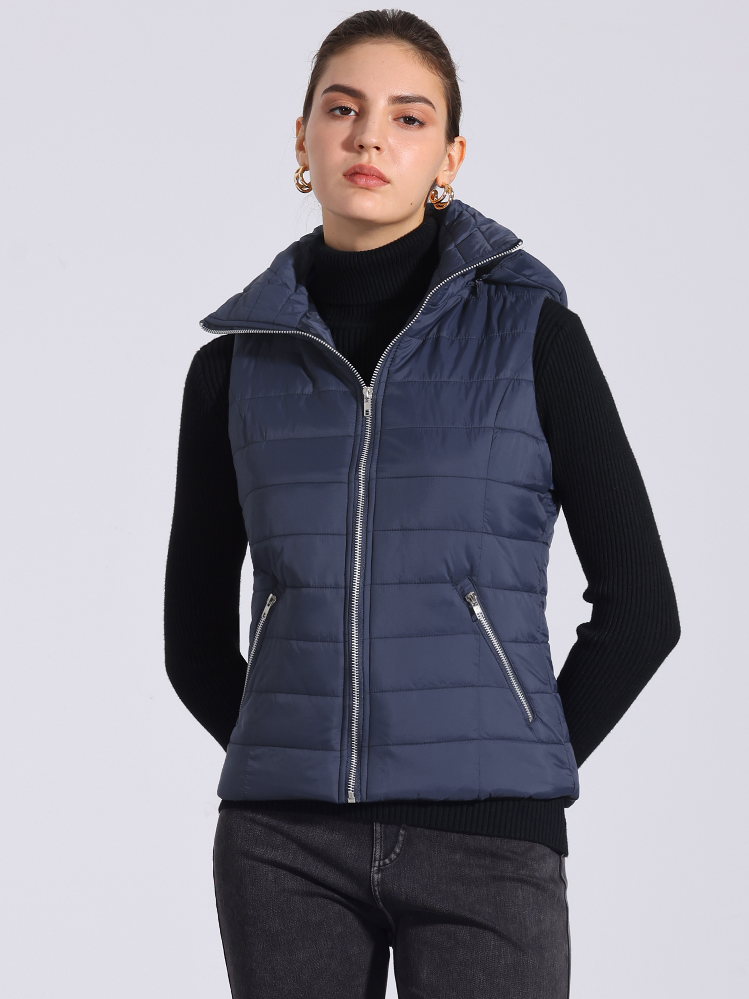 Sleeveless Zipper Winter Hoodie Quilted Jacket Vest Navy Blue/L