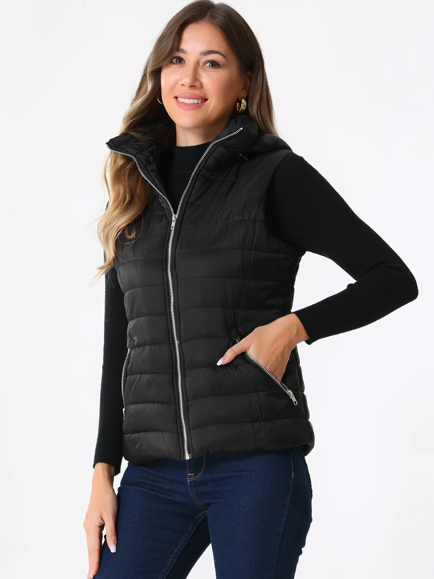 Sleeveless Zipper Winter Hoodie Quilted Jacket Vest Black/M
