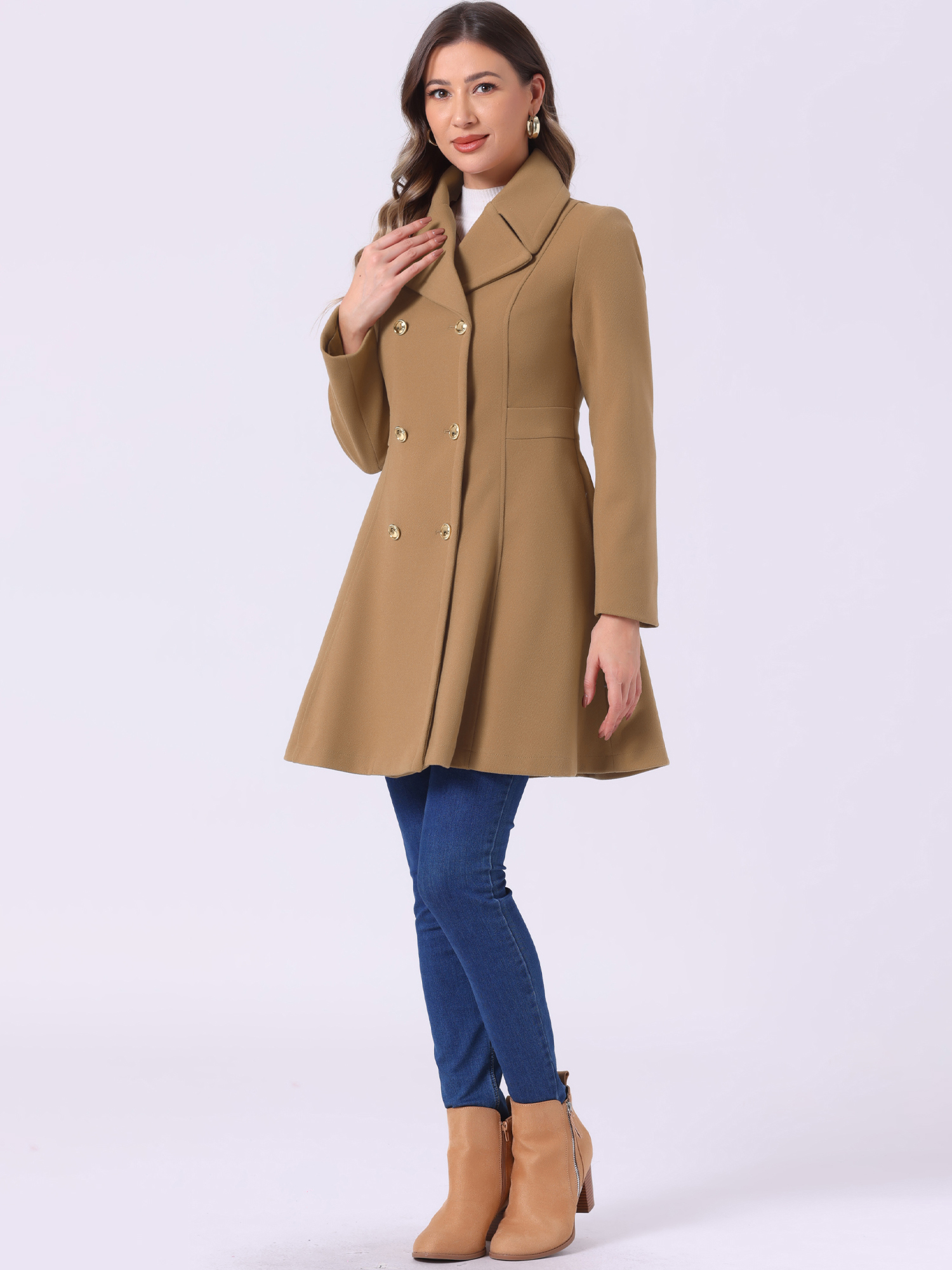 Winter Long Lapel Collar Contrast Double Breast Coat Camel/XL