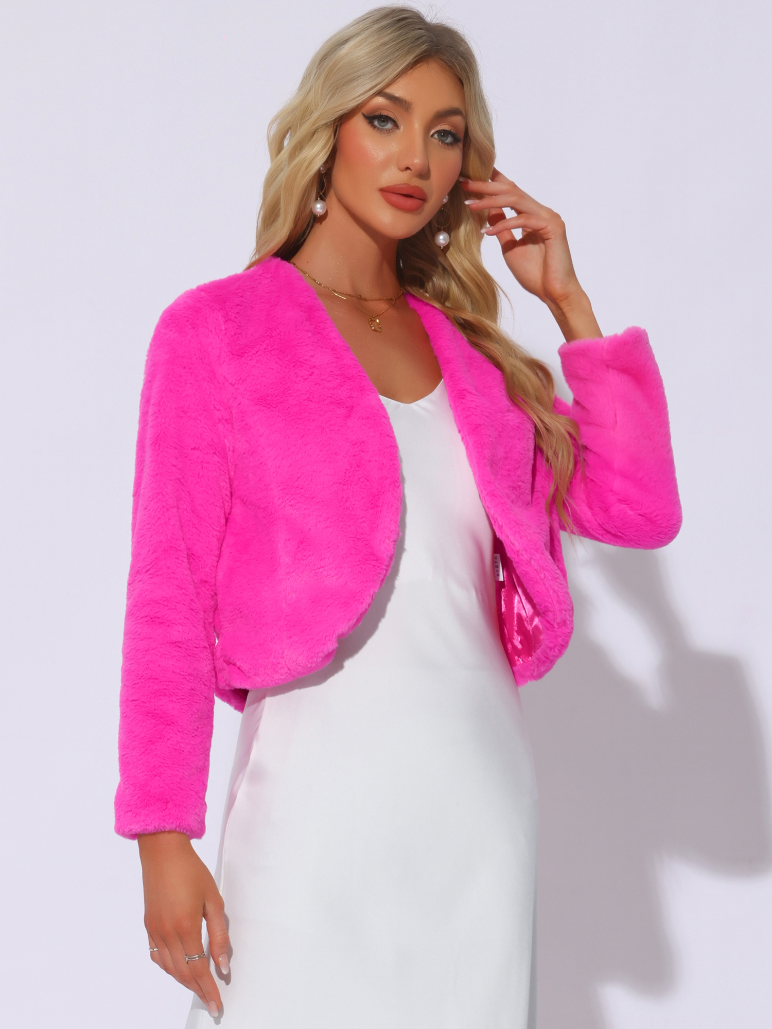 Faux Fur Long Sleeve Open Front Bolero Winter Coat Cropped Jacket Hot Pink/M