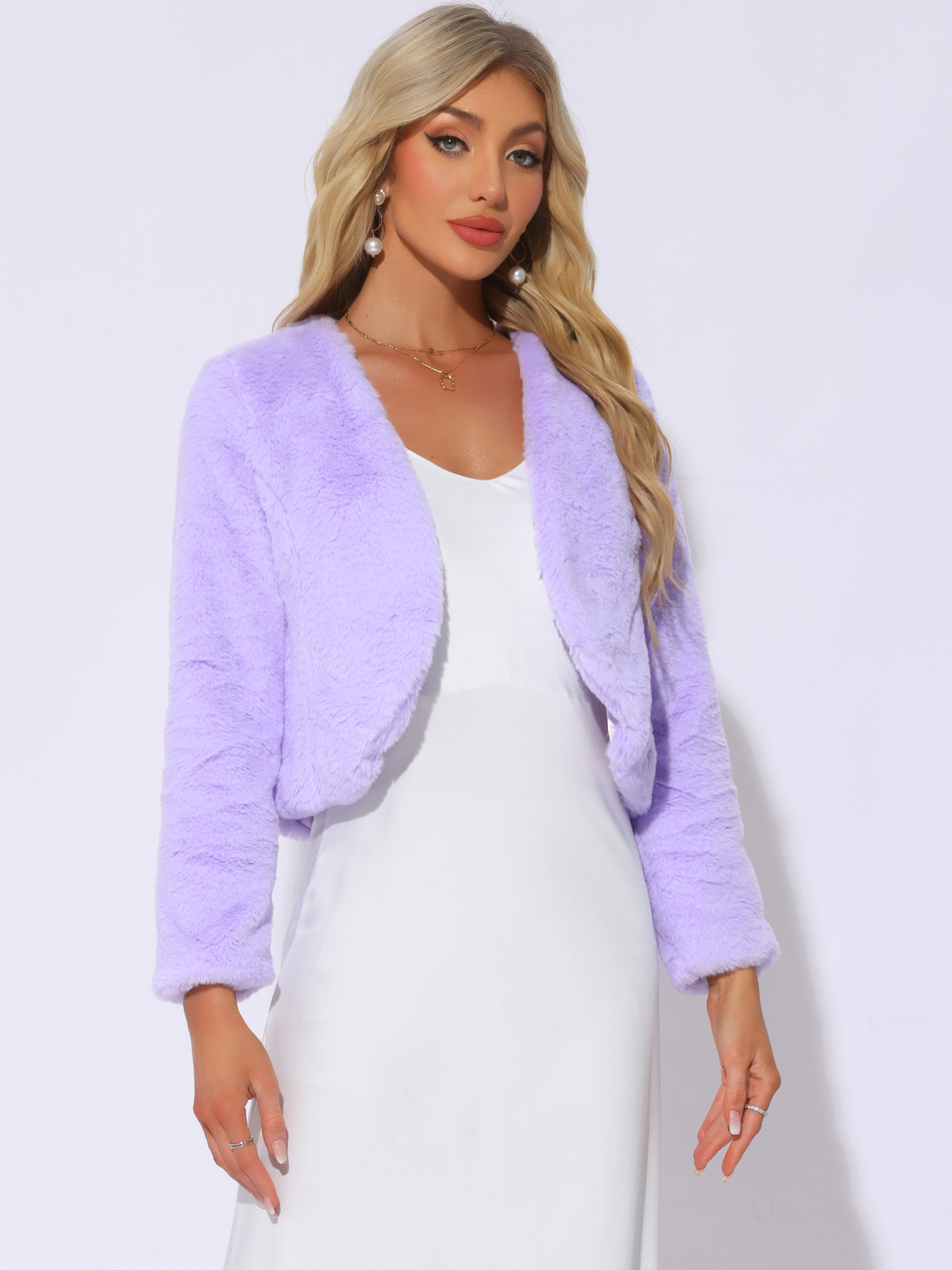 Faux Fur Long Sleeve Open Front Bolero Winter Coat Cropped Jacket Light Purple/L