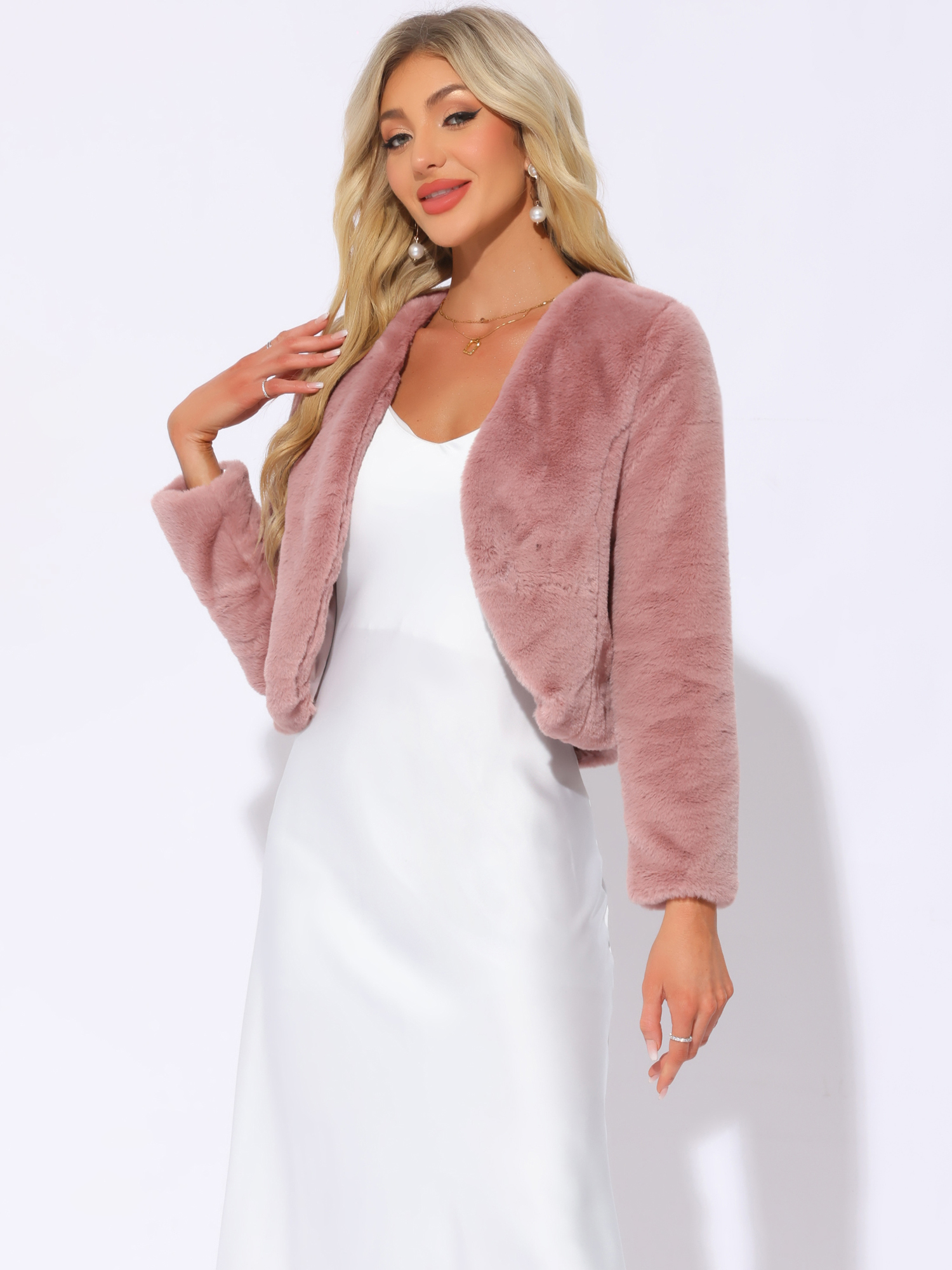 Faux Fur Long Sleeve Open Front Bolero Winter Coat Cropped Jacket Dusty Pink/S