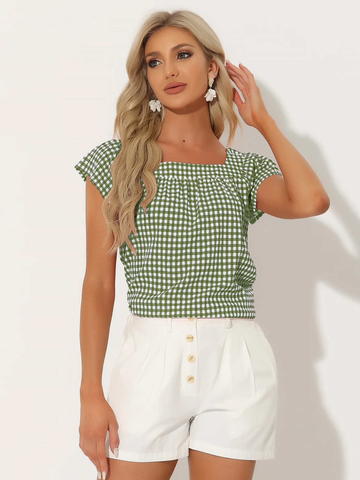 Square Neck Short Sleeves Gingham Plaid Blouse Green White/XS