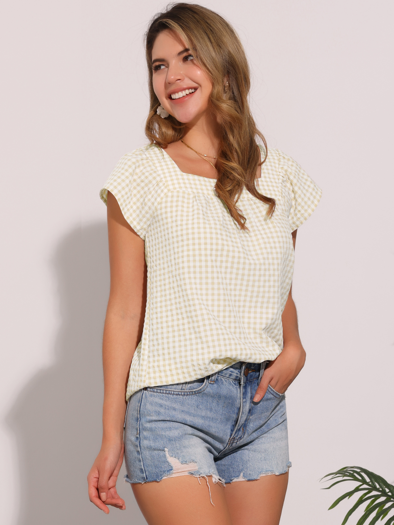 Square Neck Short Sleeves Gingham Plaid Blouse Apricot White/S