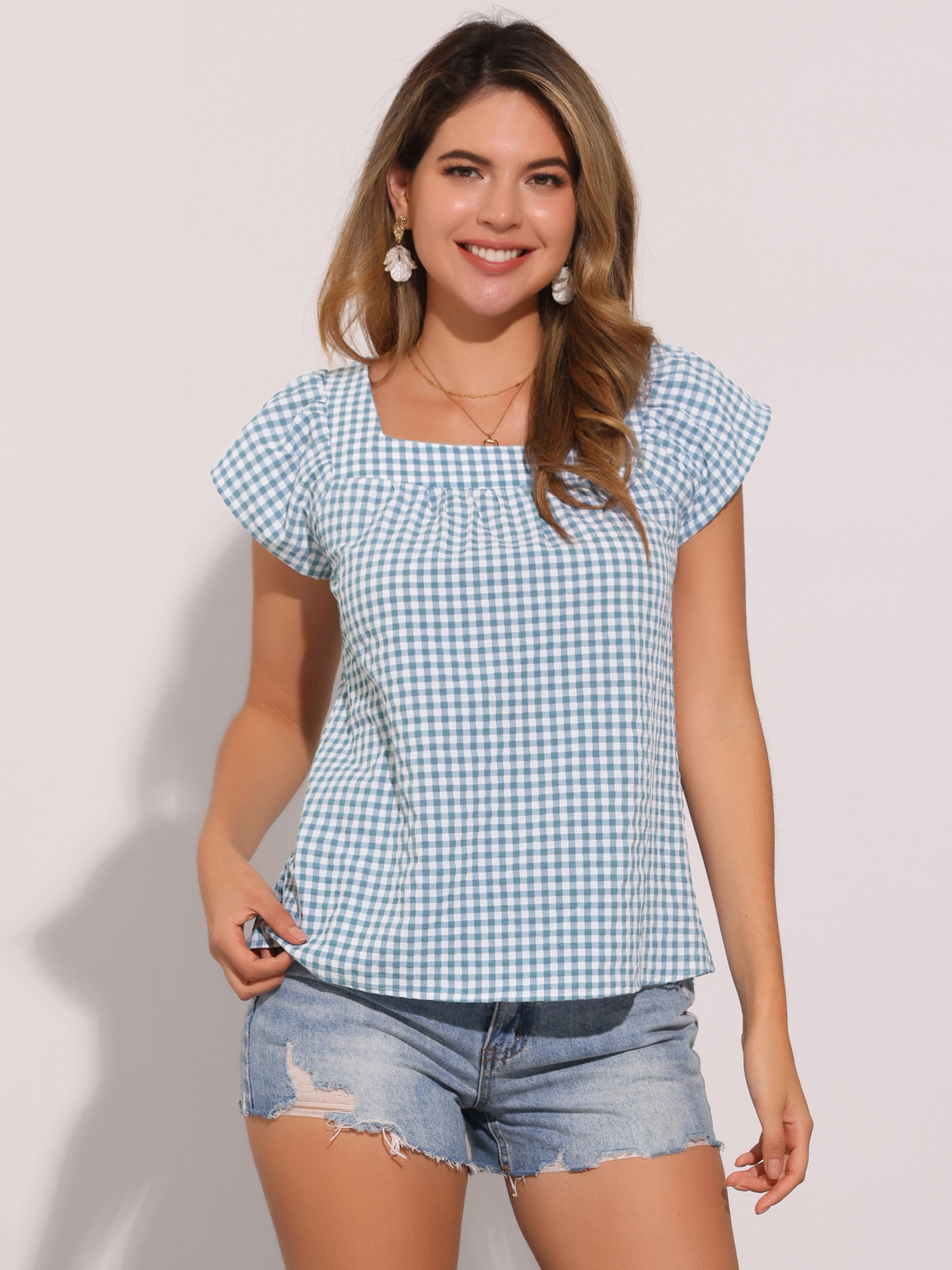 Square Neck Short Sleeves Gingham Plaid Blouse Lake Blue/XL