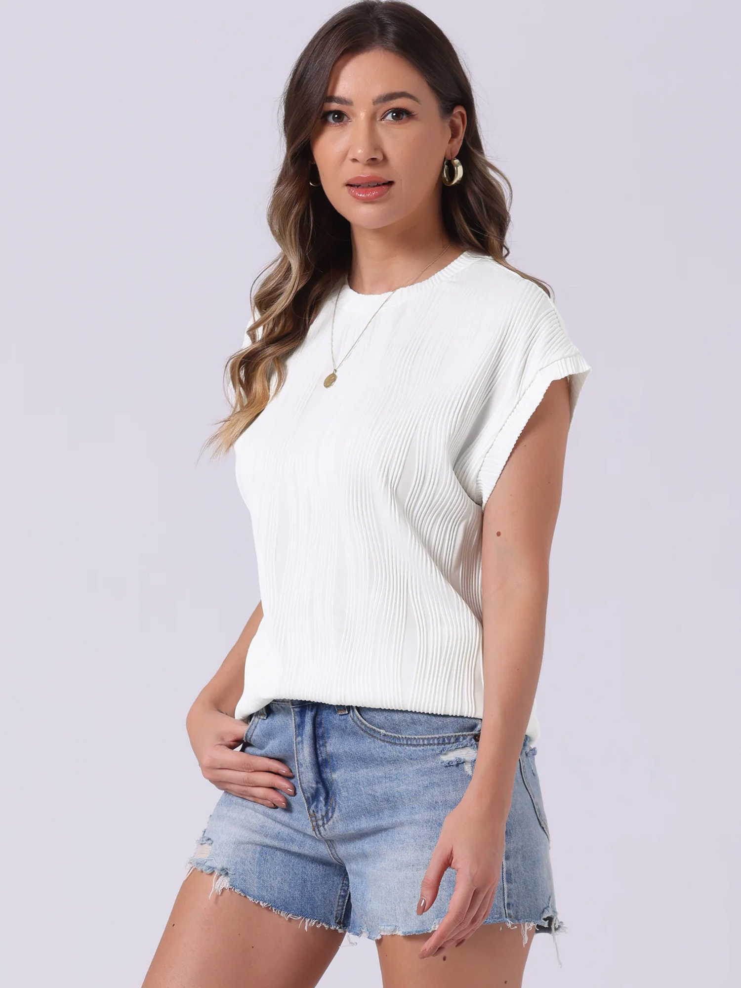 Textured Cap Sleeve Crew Neck Solid Color Blouse White/L