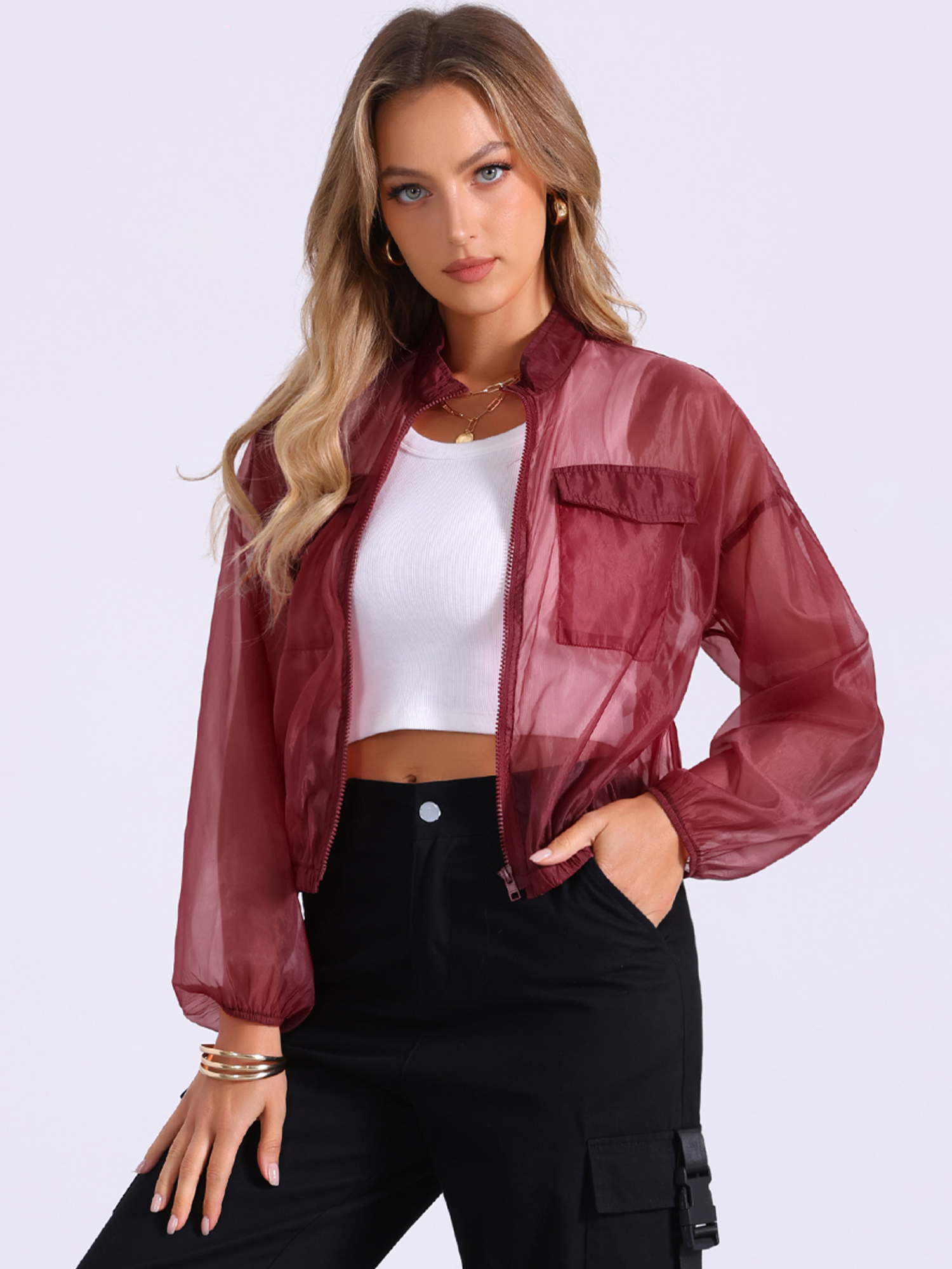 Sheer Zip Up Long Sleeve See Through Bomber Jacket Wine Red/M