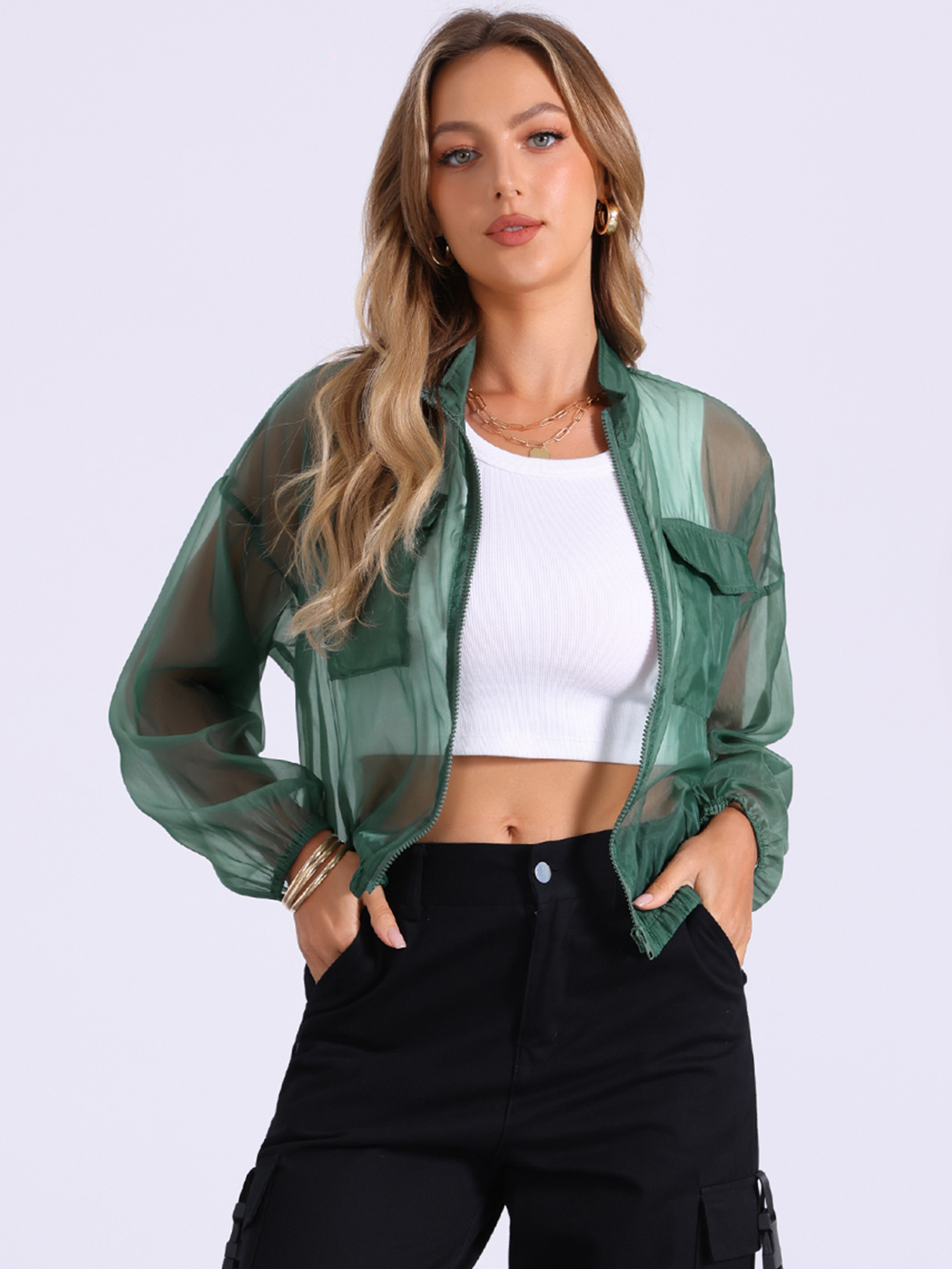 Sheer Zip Up Long Sleeve See Through Bomber Jacket Green/XS
