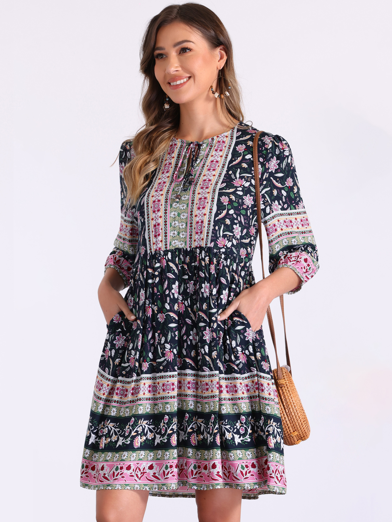 Boho Floral Tie Neck 3/4 Sleeves Pocketed Midi Dress Dark Blue/L