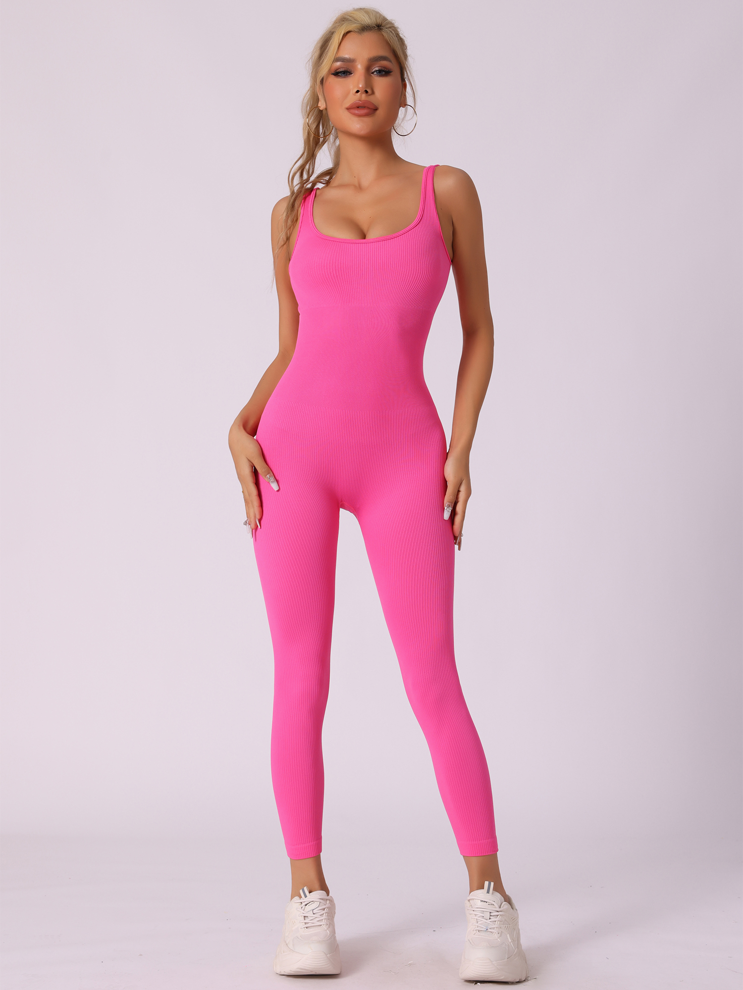U Neck One Piece Sleeveless Ribbed Workout Unitard Jumpsuit Rose Red/XL