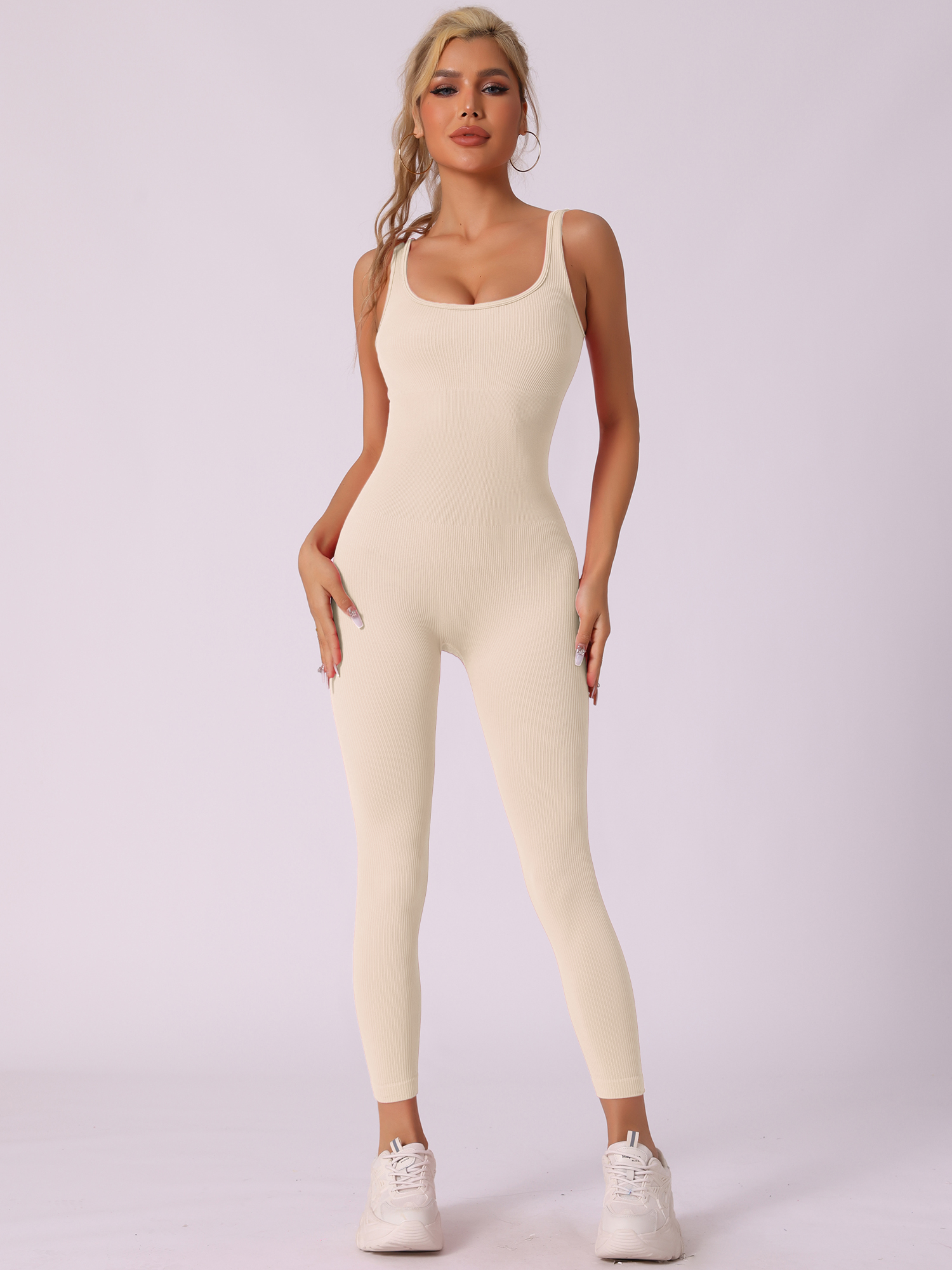 U Neck One Piece Sleeveless Ribbed Workout Unitard Jumpsuit Beige/M