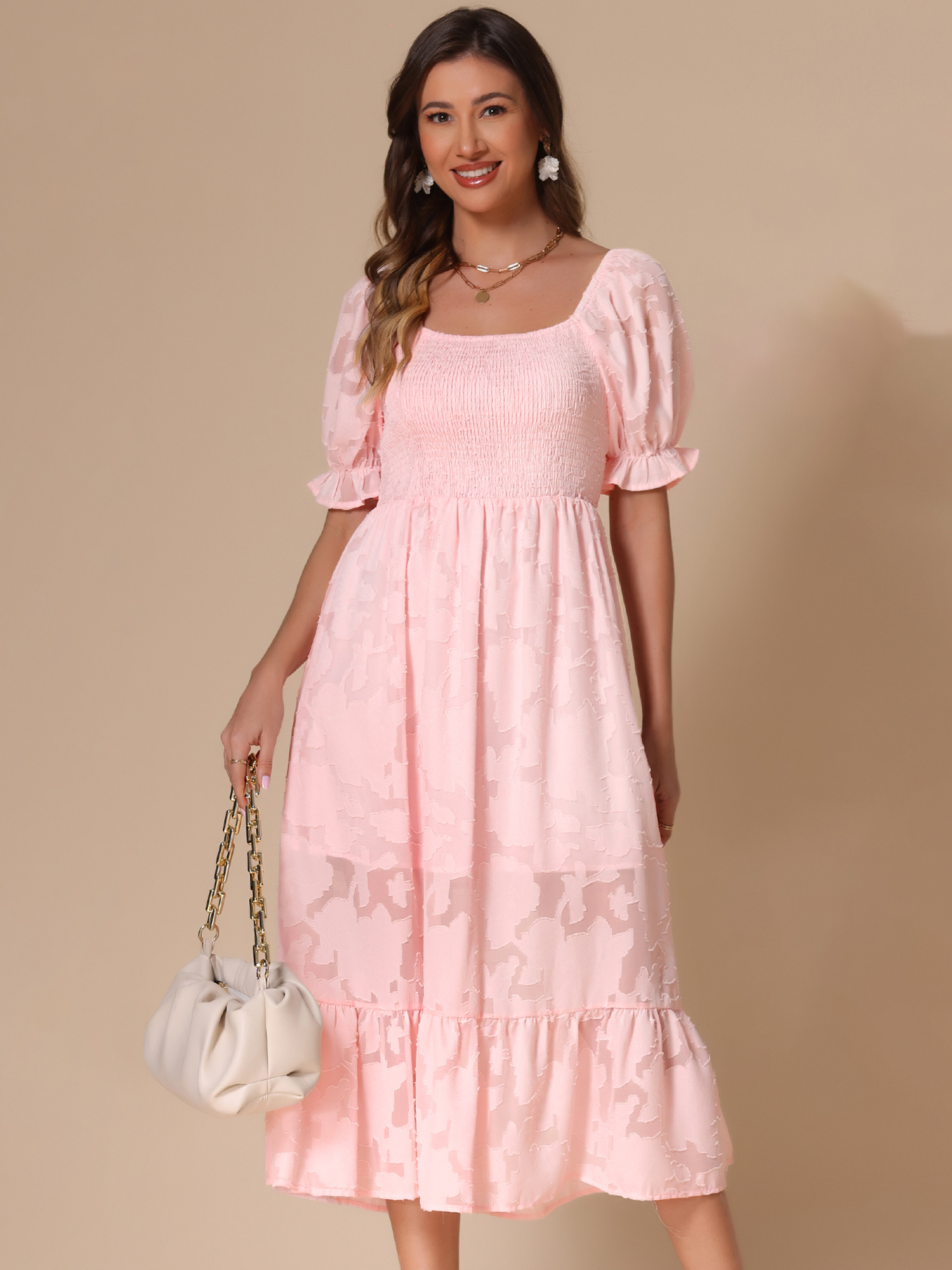 Puff Sleeve Smocked Textured Flowy Tiered Midi Dress Light Pink/XL