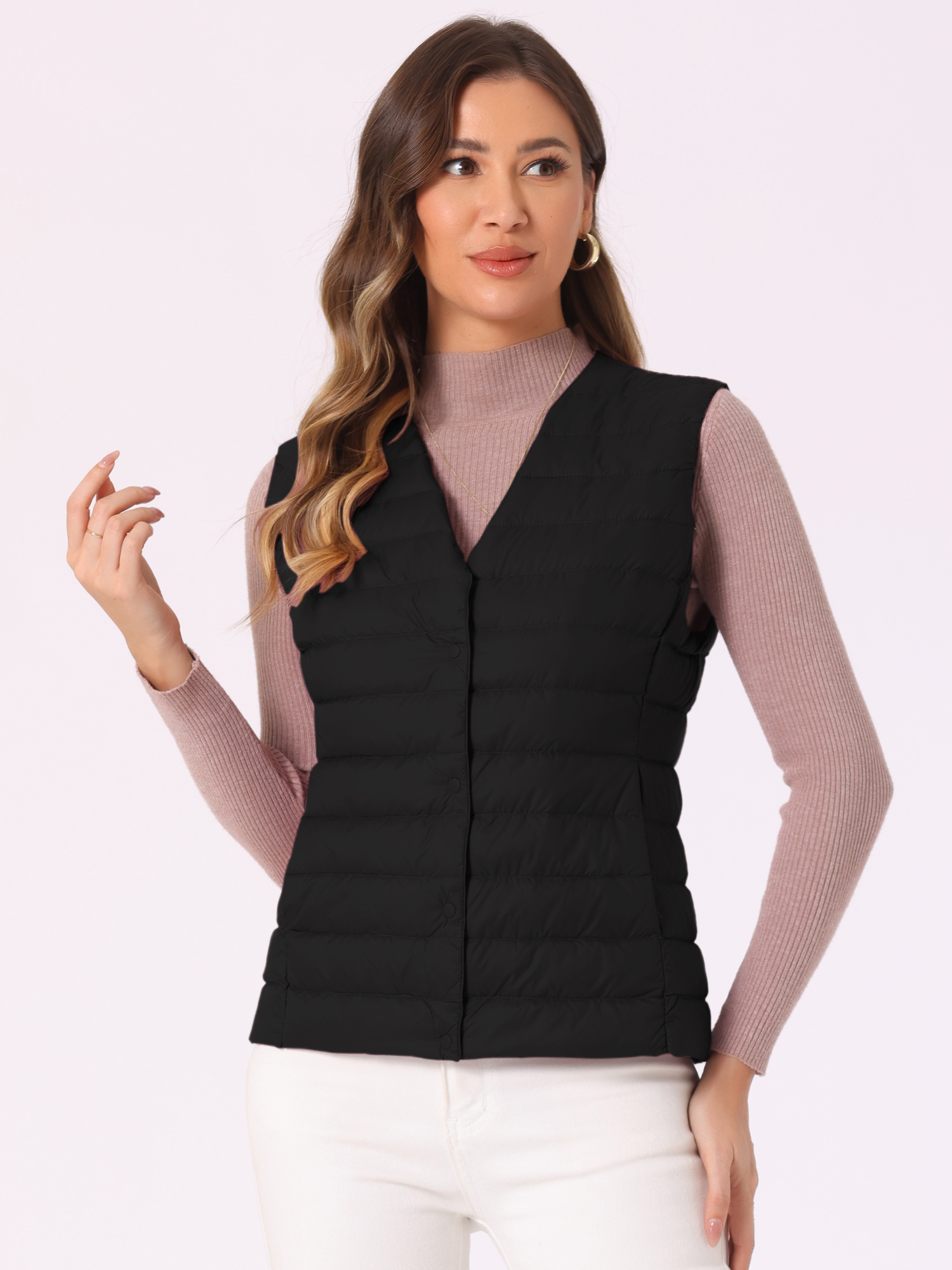 Sleeveless Lightweight Button Up Quilted Puffer Vest Black/S
