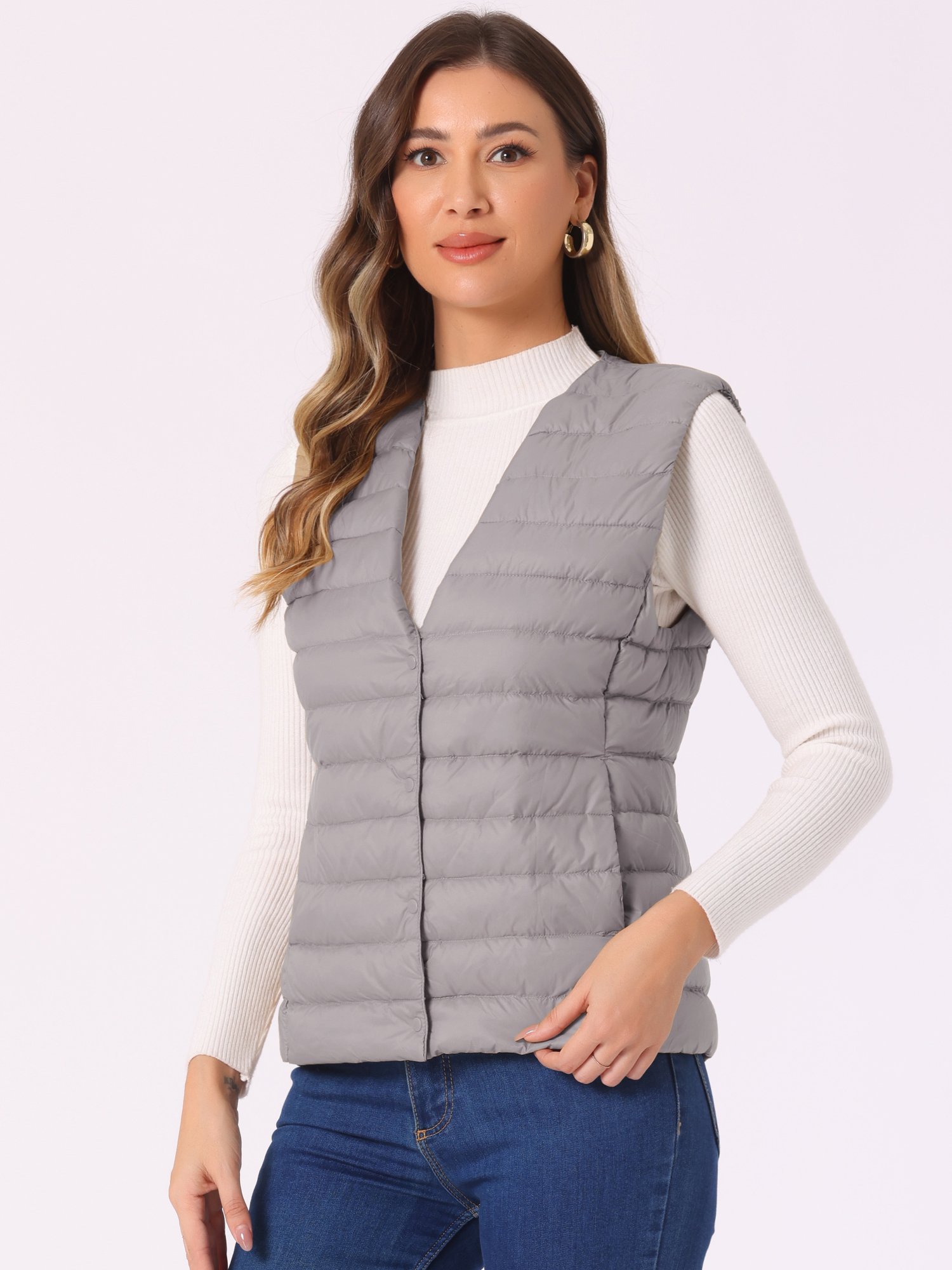 Sleeveless Lightweight Button Up Quilted Puffer Vest Grey/XS
