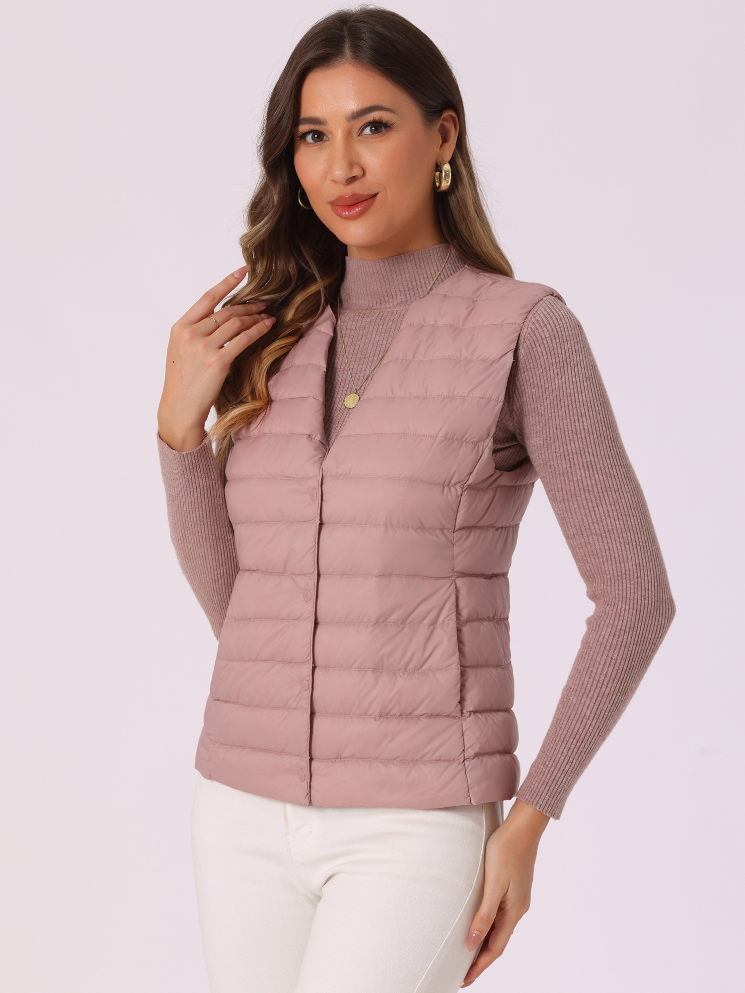 Sleeveless Lightweight Button Up Quilted Puffer Vest Light Pink/S