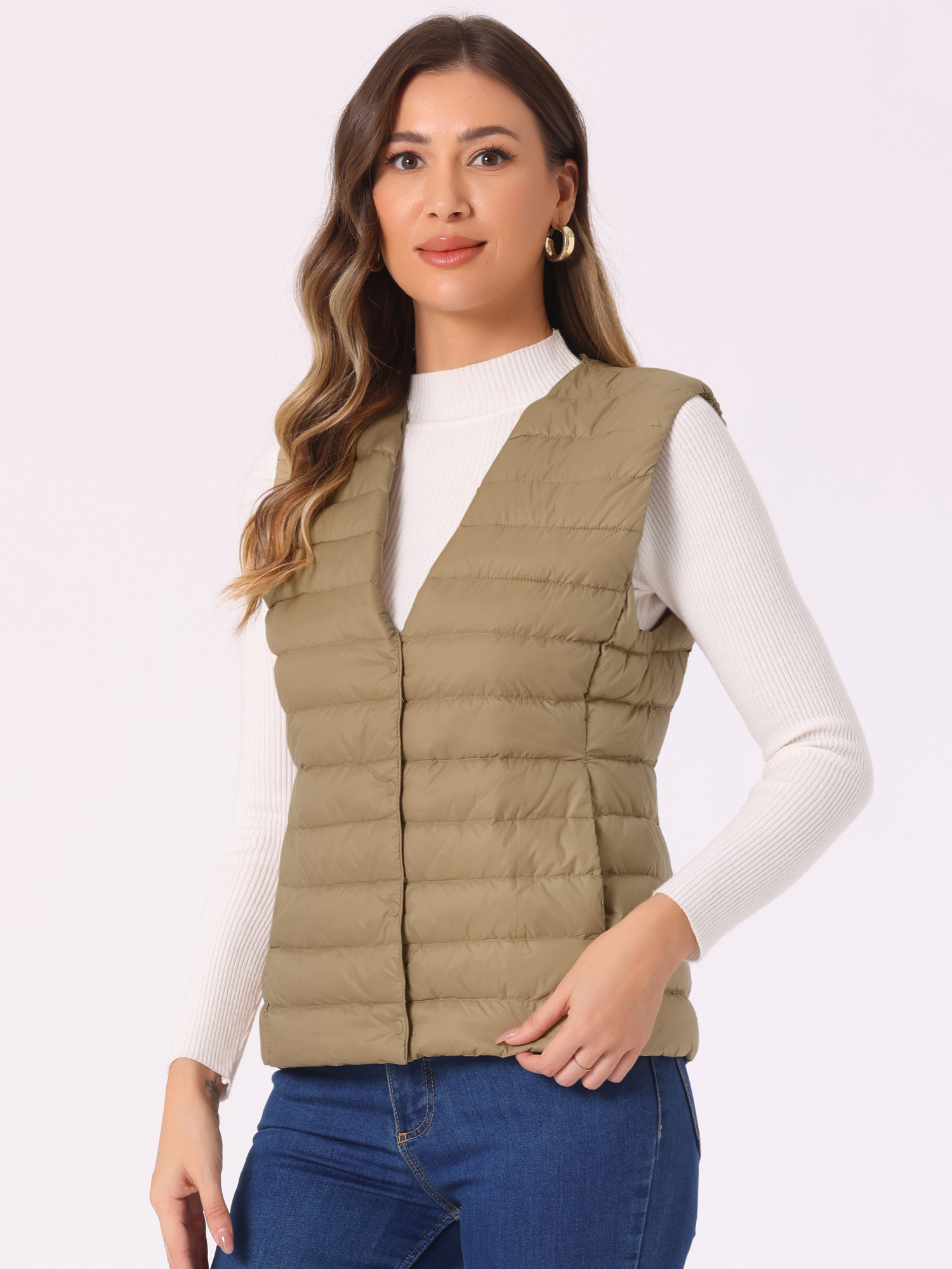 Sleeveless Lightweight Button Up Quilted Puffer Vest Camel/L