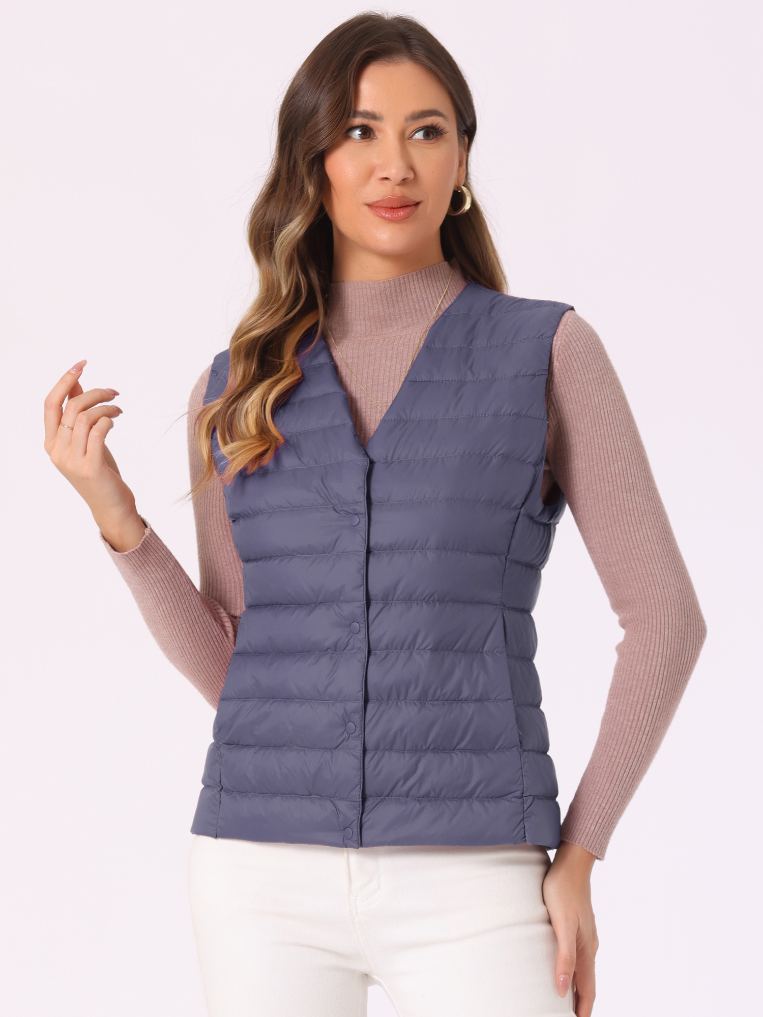 Sleeveless Lightweight Button Up Quilted Puffer Vest Blue/M