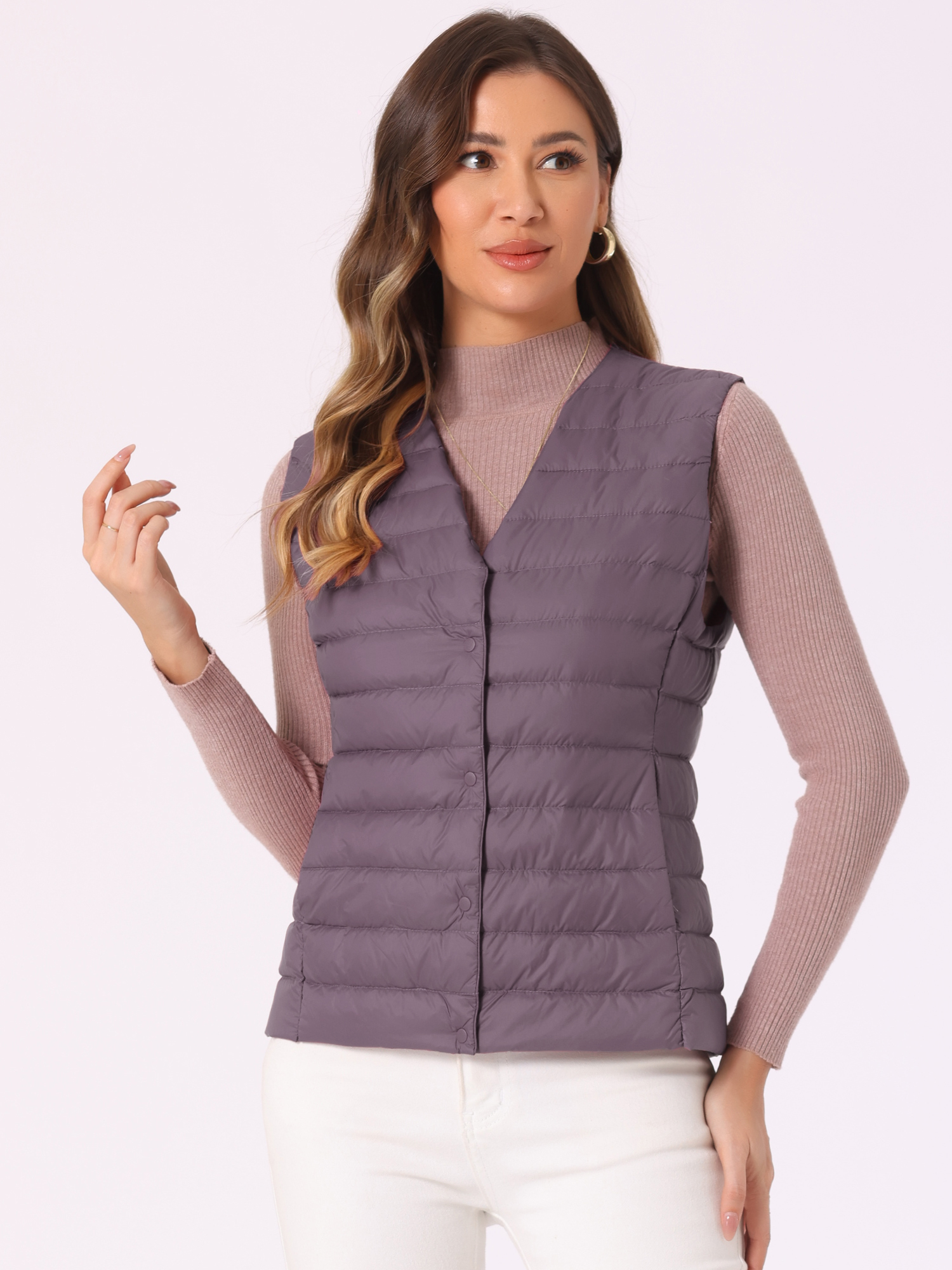 Sleeveless Lightweight Button Up Quilted Puffer Vest Light Purple/L
