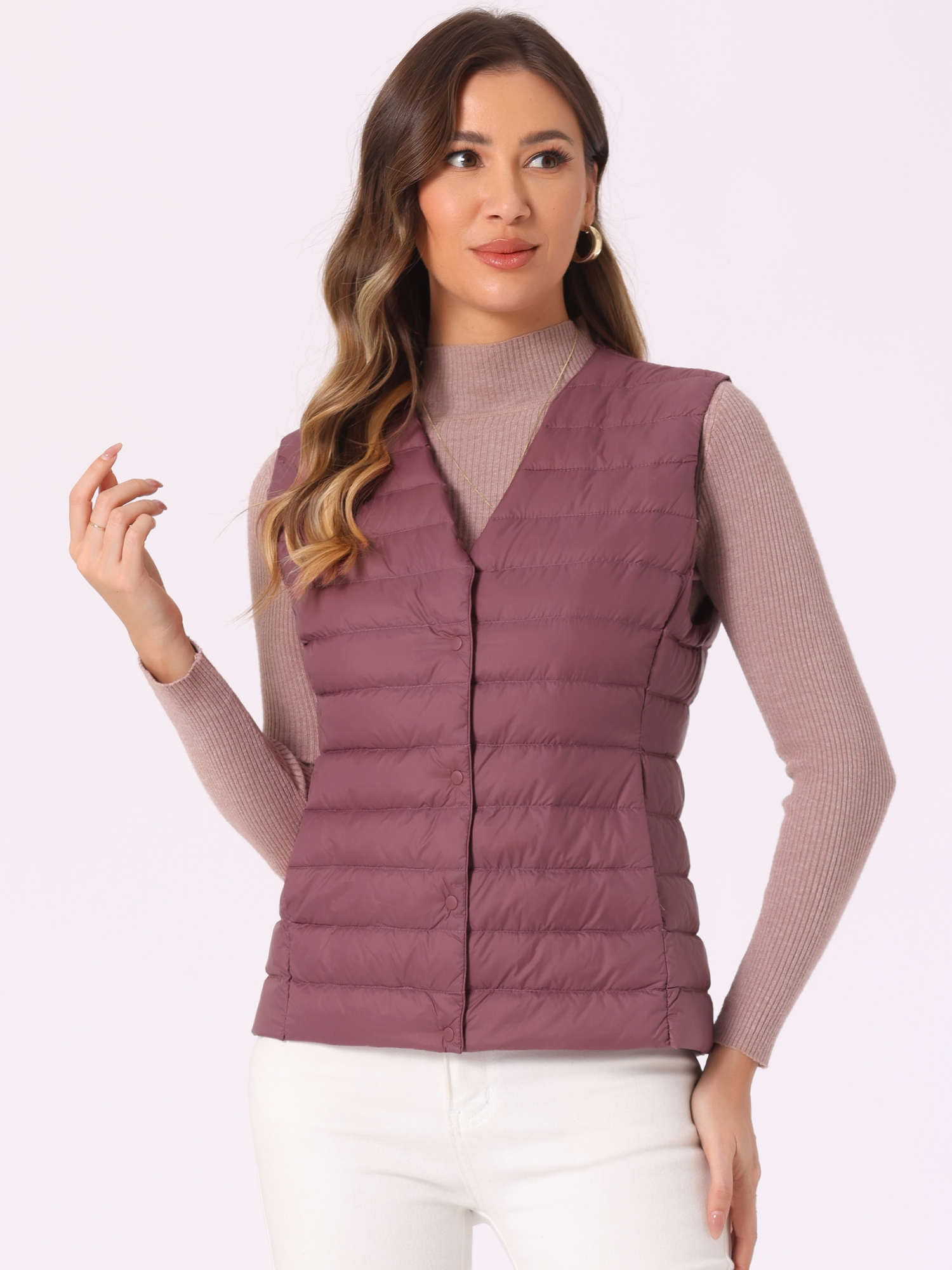Sleeveless Lightweight Button Up Quilted Puffer Vest Purple/XS