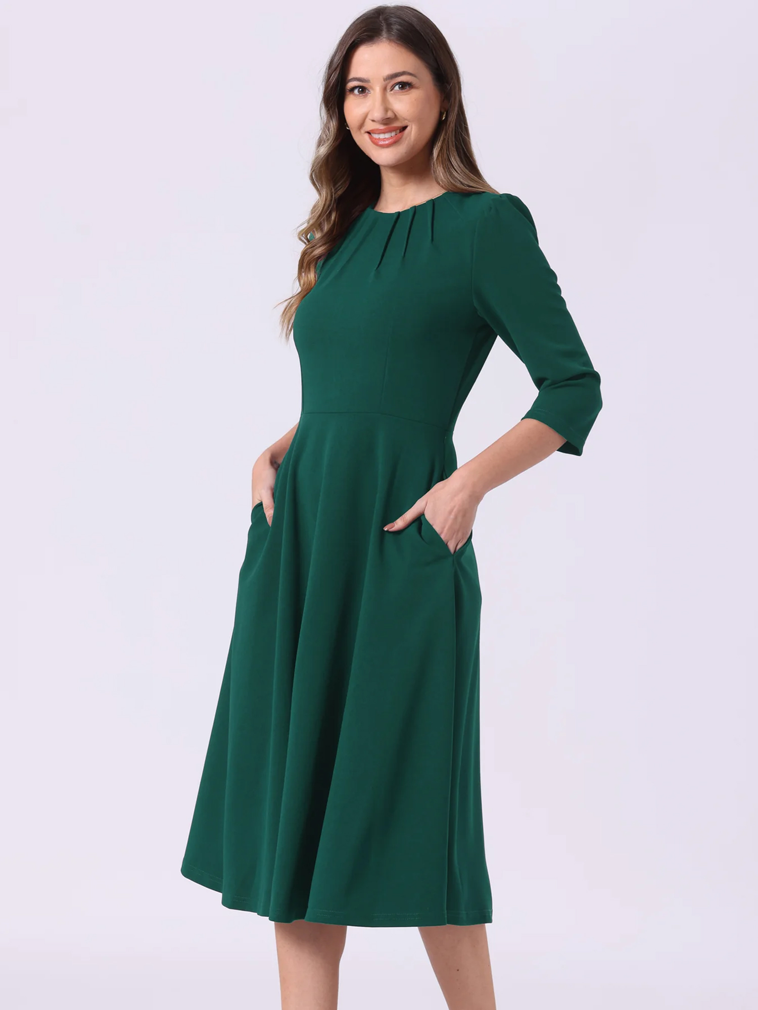 3/4 Sleeve Pleated Round Neck Pocketed A-Line Swing Midi Dress Dark Green/L