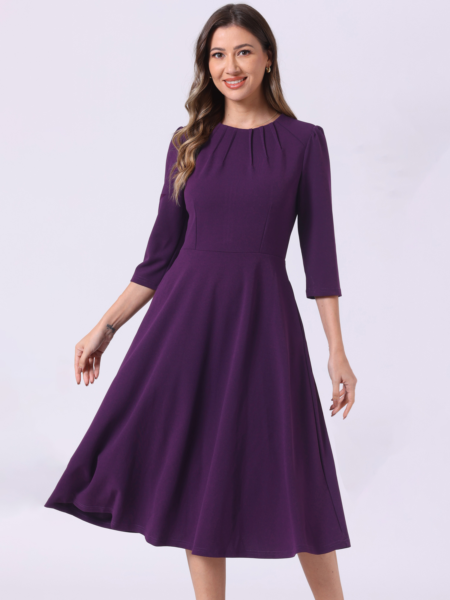 3/4 Sleeve Pleated Round Neck Pocketed A-Line Swing Midi Dress Deep Purple/XS