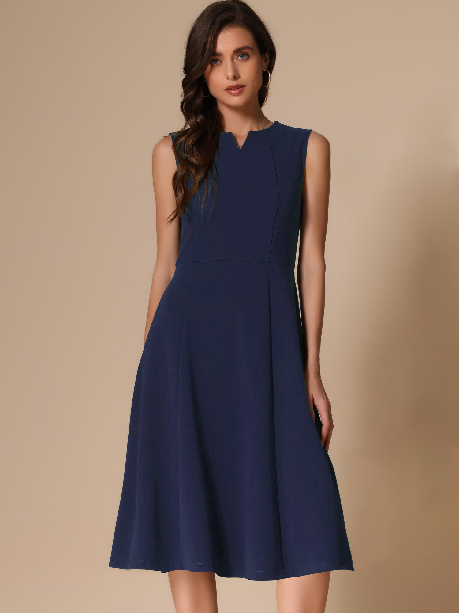 Notch Neck Pocketed Work Office A-Line Midi Dress Dark Blue/L