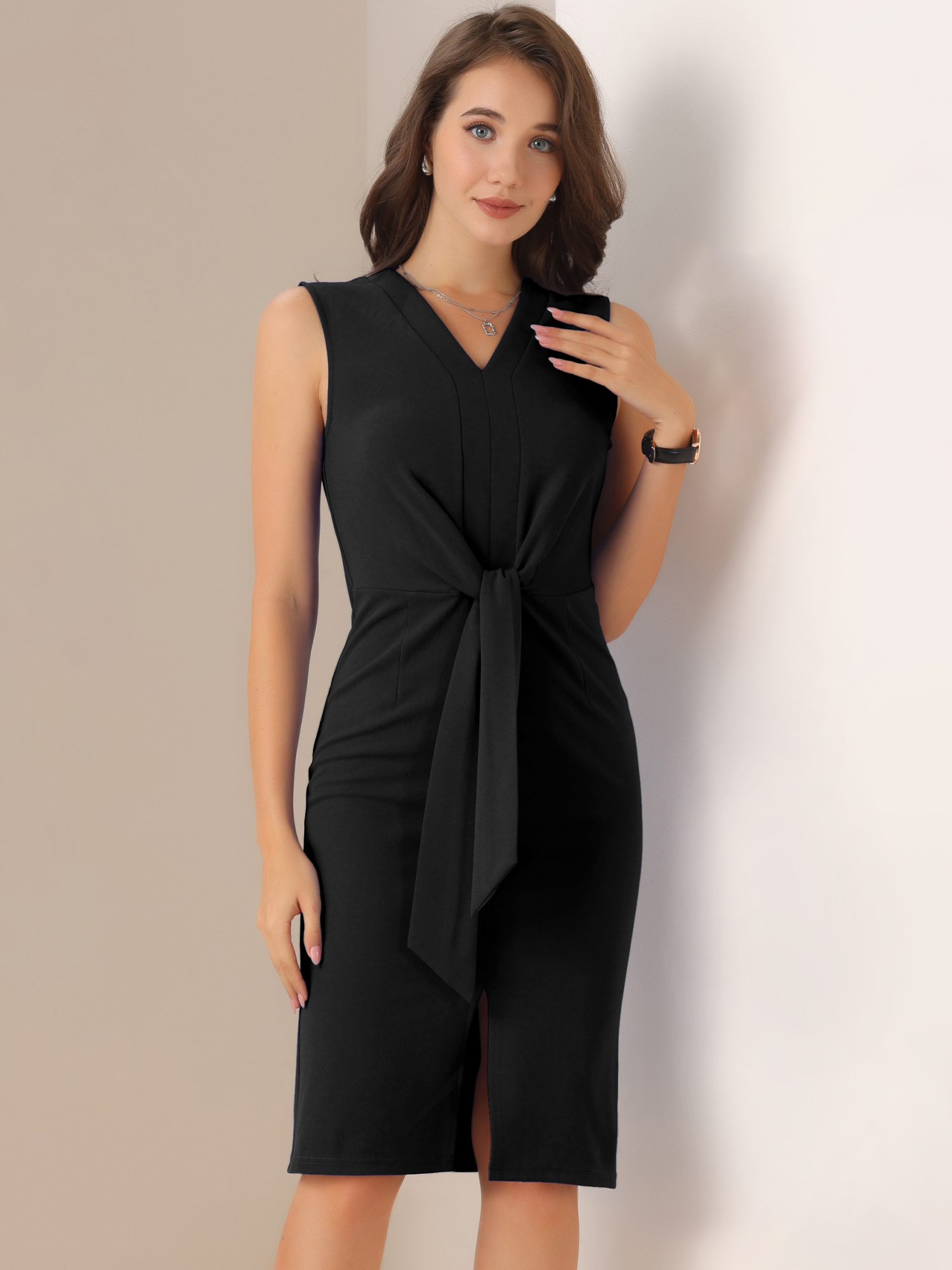 Sleeveless Tie Waist Slit Hem Midi Sheath Dress Black/M