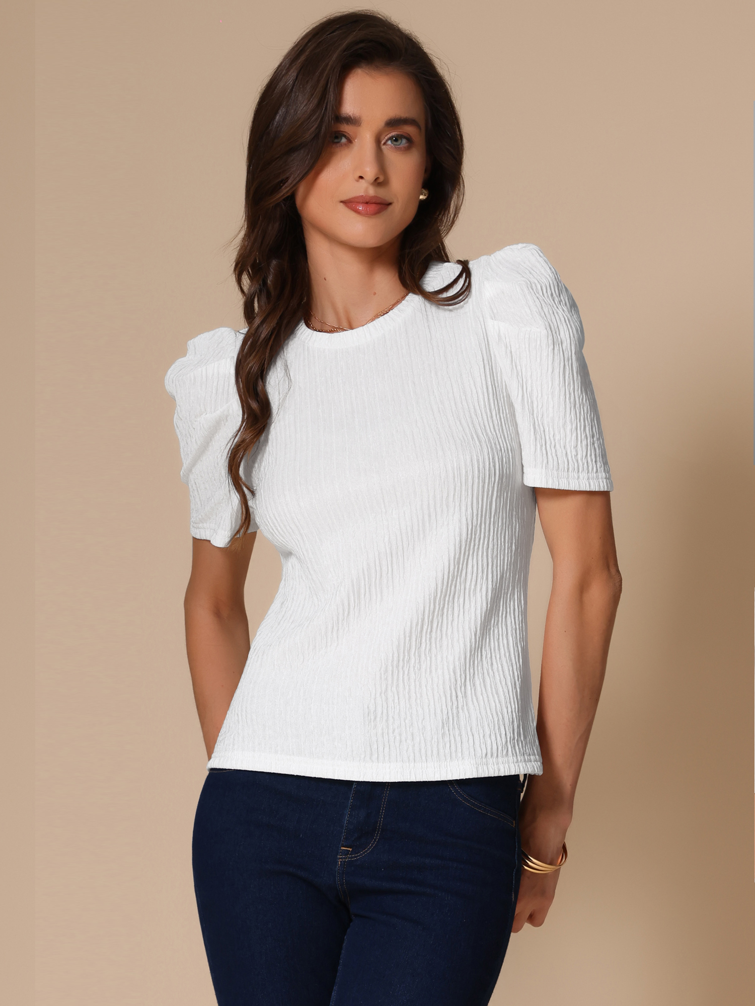 Puff Short Sleeve Round Neck Textured Blouse White/XS