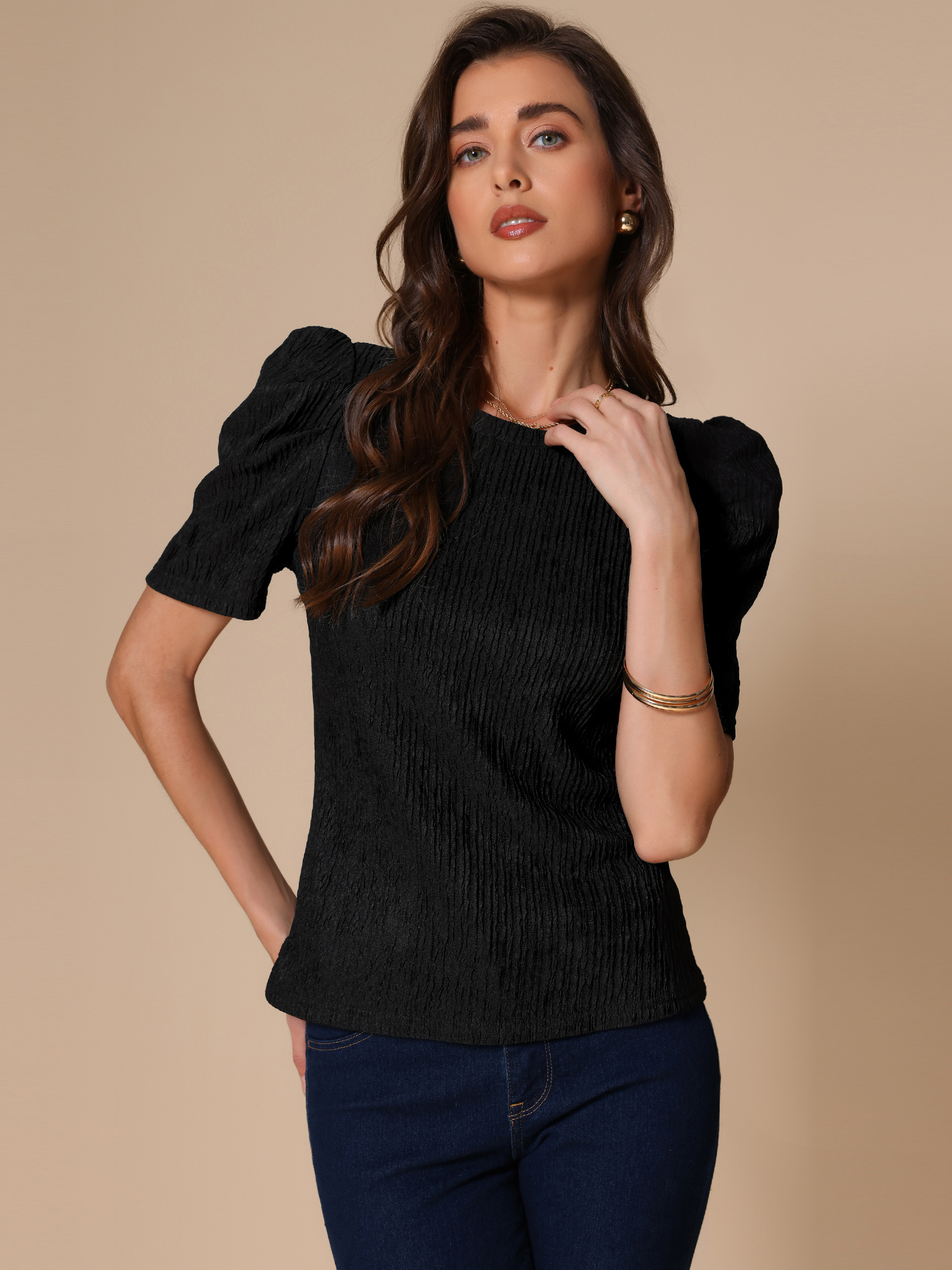 Puff Short Sleeve Round Neck Textured Blouse Black/L