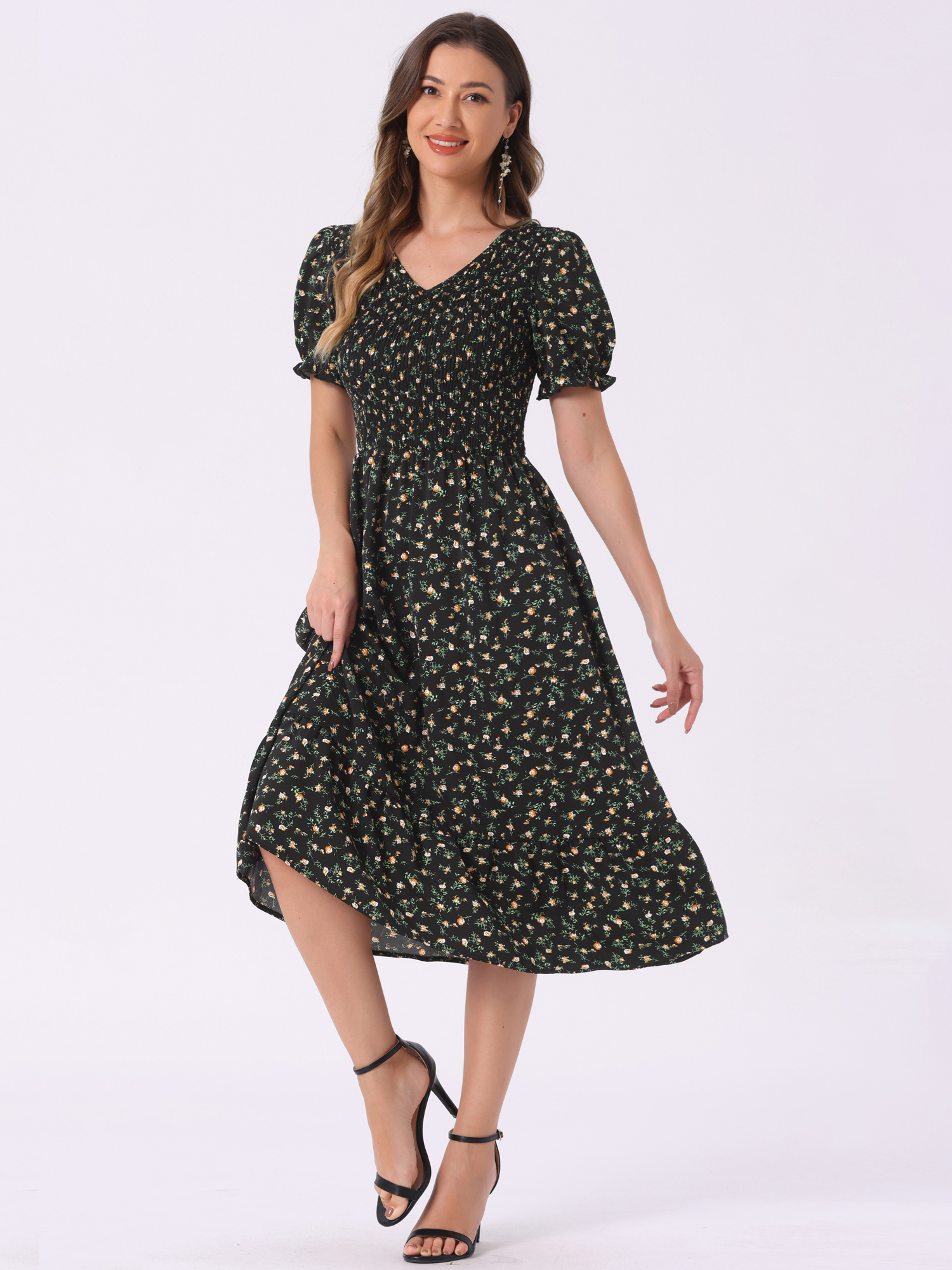 Floral Shirred Puff Short Sleeves V Neck Ruffled Hem Midi Dress Orange Black/XL