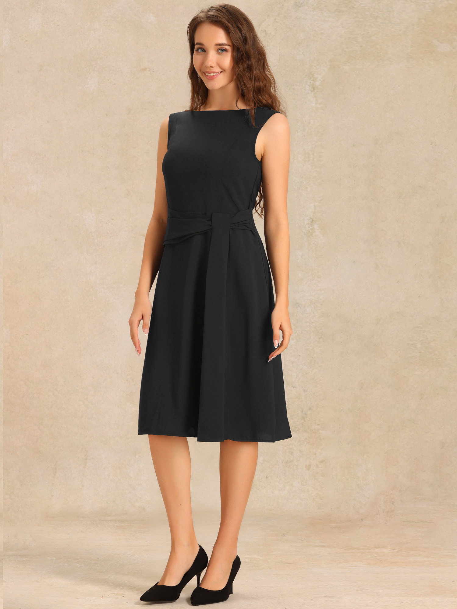 Boat Neck Sleeveless Solid Color A-Line Midi Dress Black/XS
