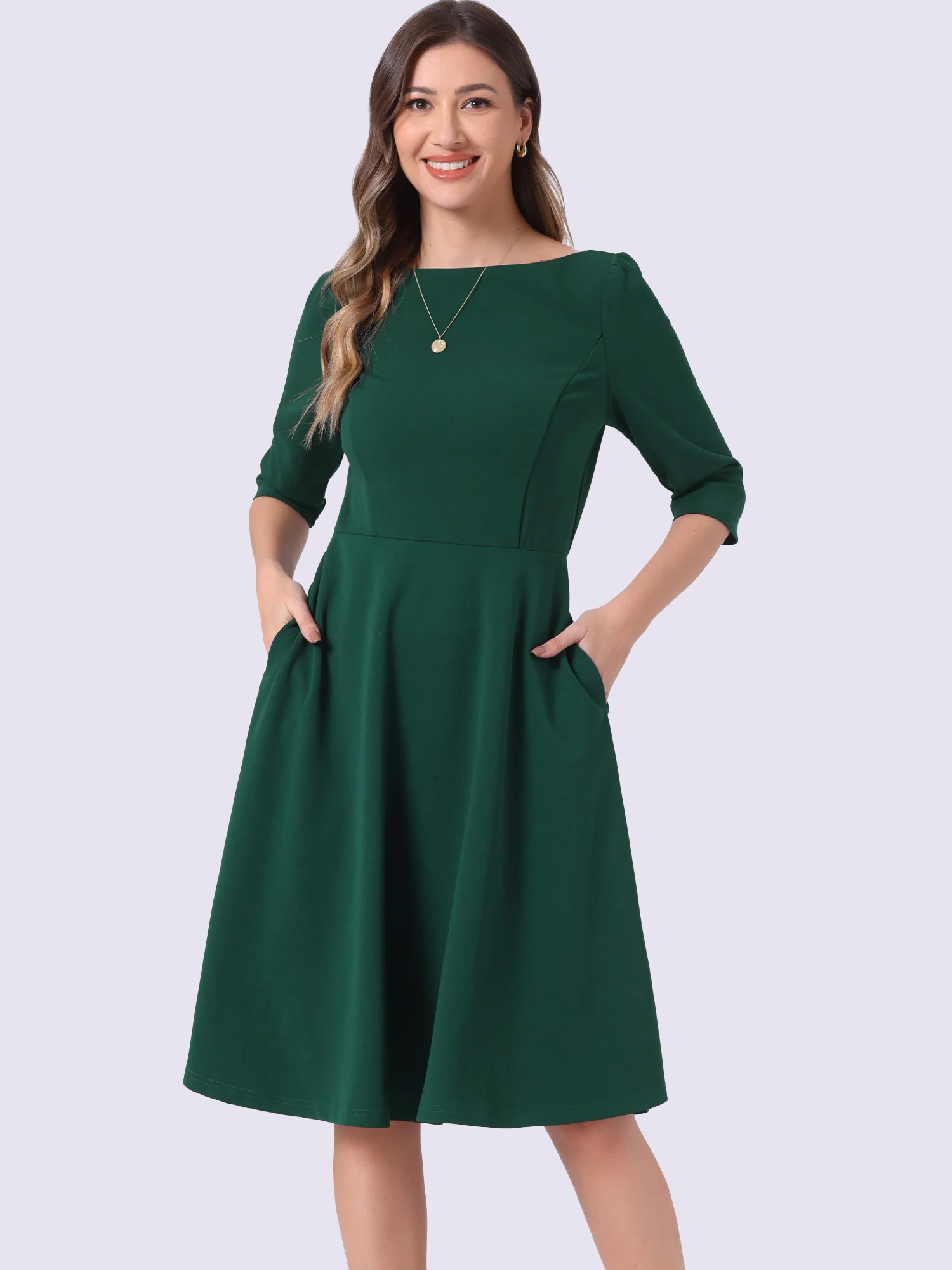 Boat Neck 3/4 Sleeves Midi Flared Office Dress Dark Green/XS
