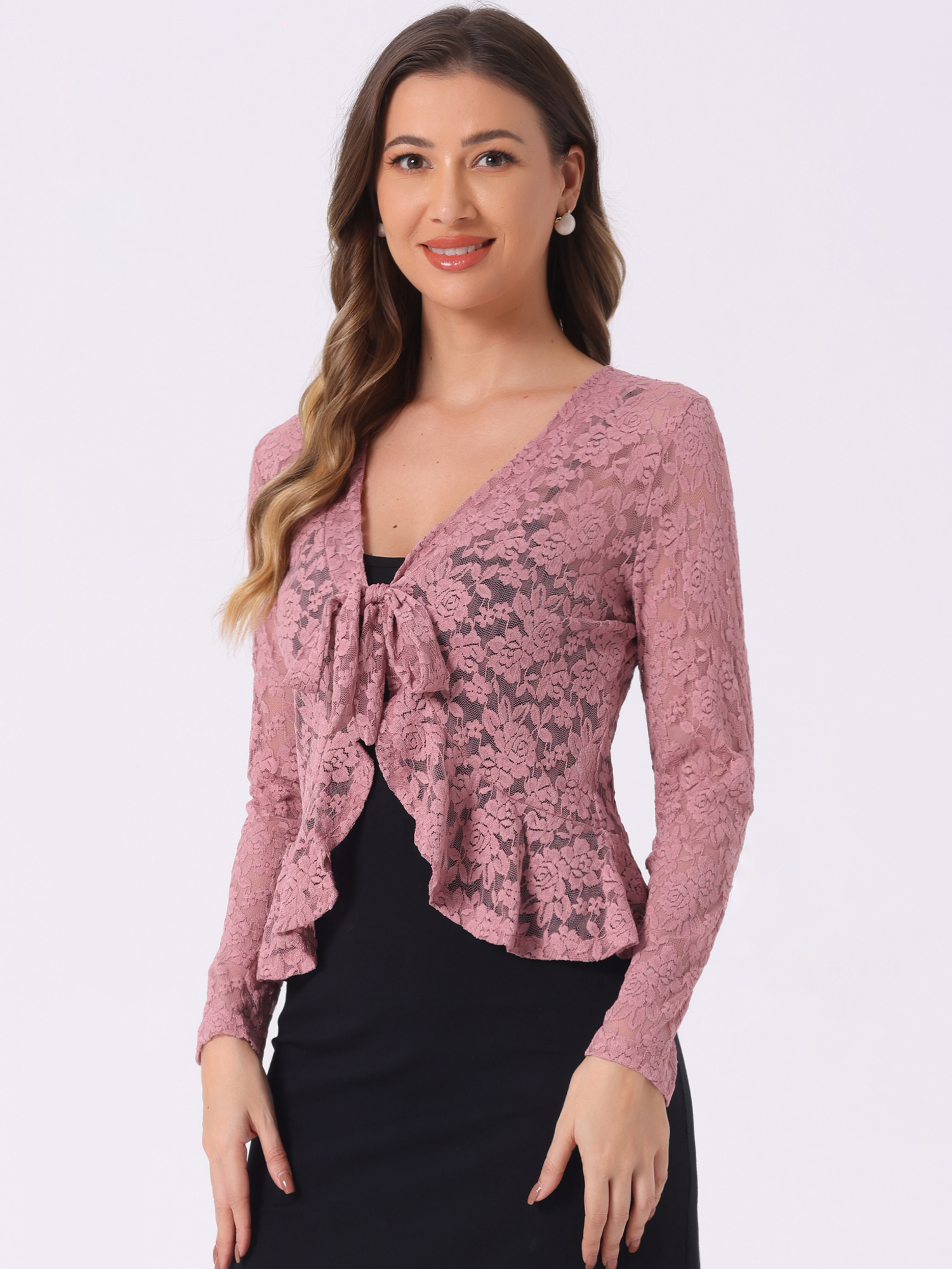 Floral Lace Shrug Tie Front Ruffled Hem Sheer Crop Bolero Dark Pink/L