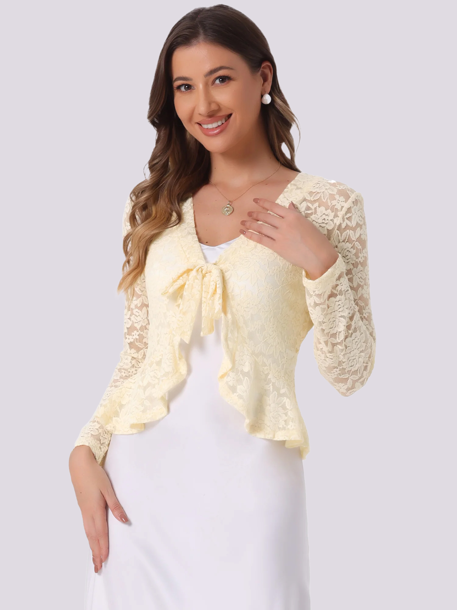 Floral Lace Shrug Tie Front Ruffled Hem Sheer Crop Bolero Light Beige/XS