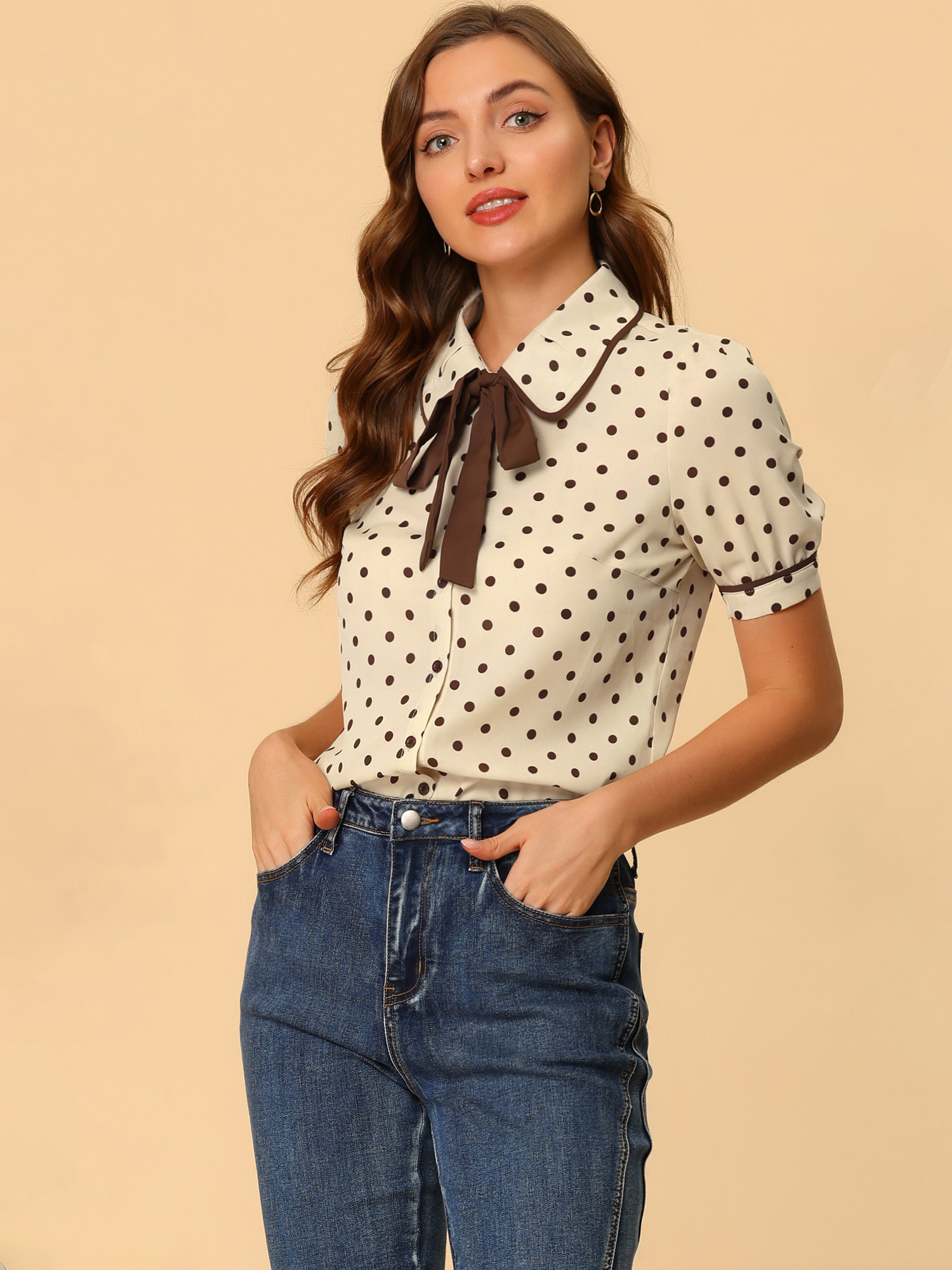 Polka Dot Peter Pan Collar Bow Tie Neck Puff Sleeve Vintage Shirt Beige/3XL