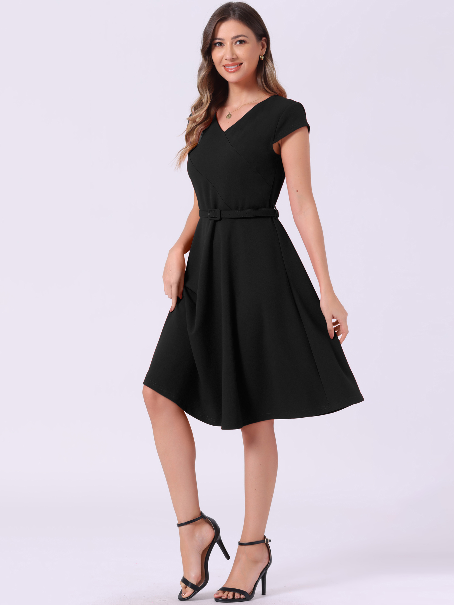 Belted V Neck Cap Sleeve Flowy A-line Midi Dress Black/S