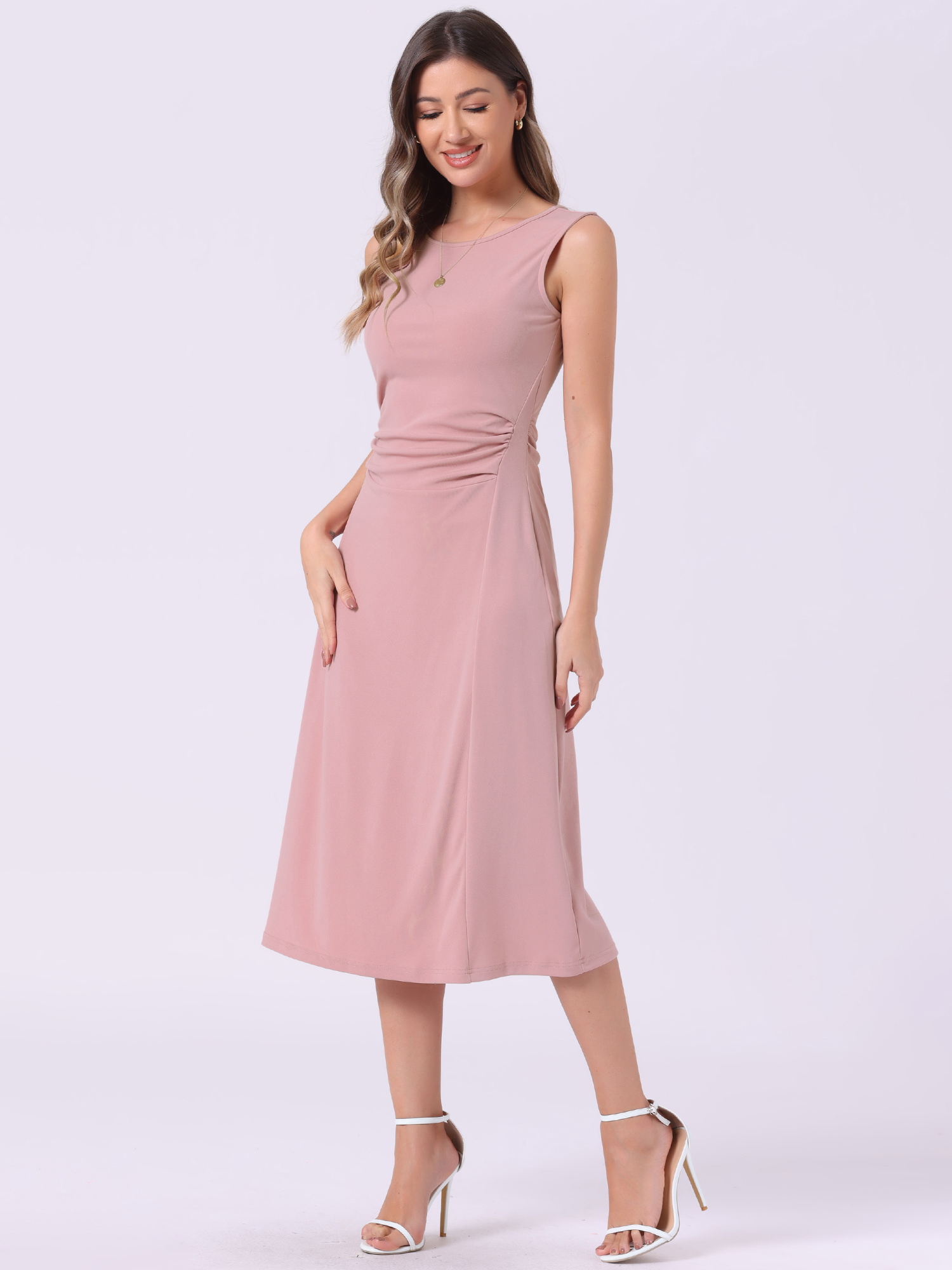 Crew Neck Ruched Casual Midi Sleeveless Dress Pink/S
