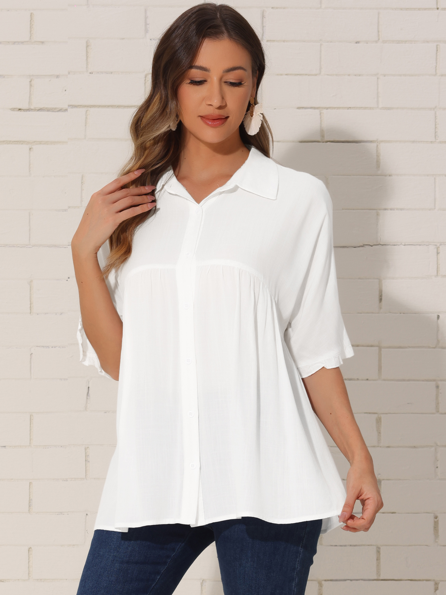 3/4 Sleeve Ruffle Button Down Babydoll Blouse White/L